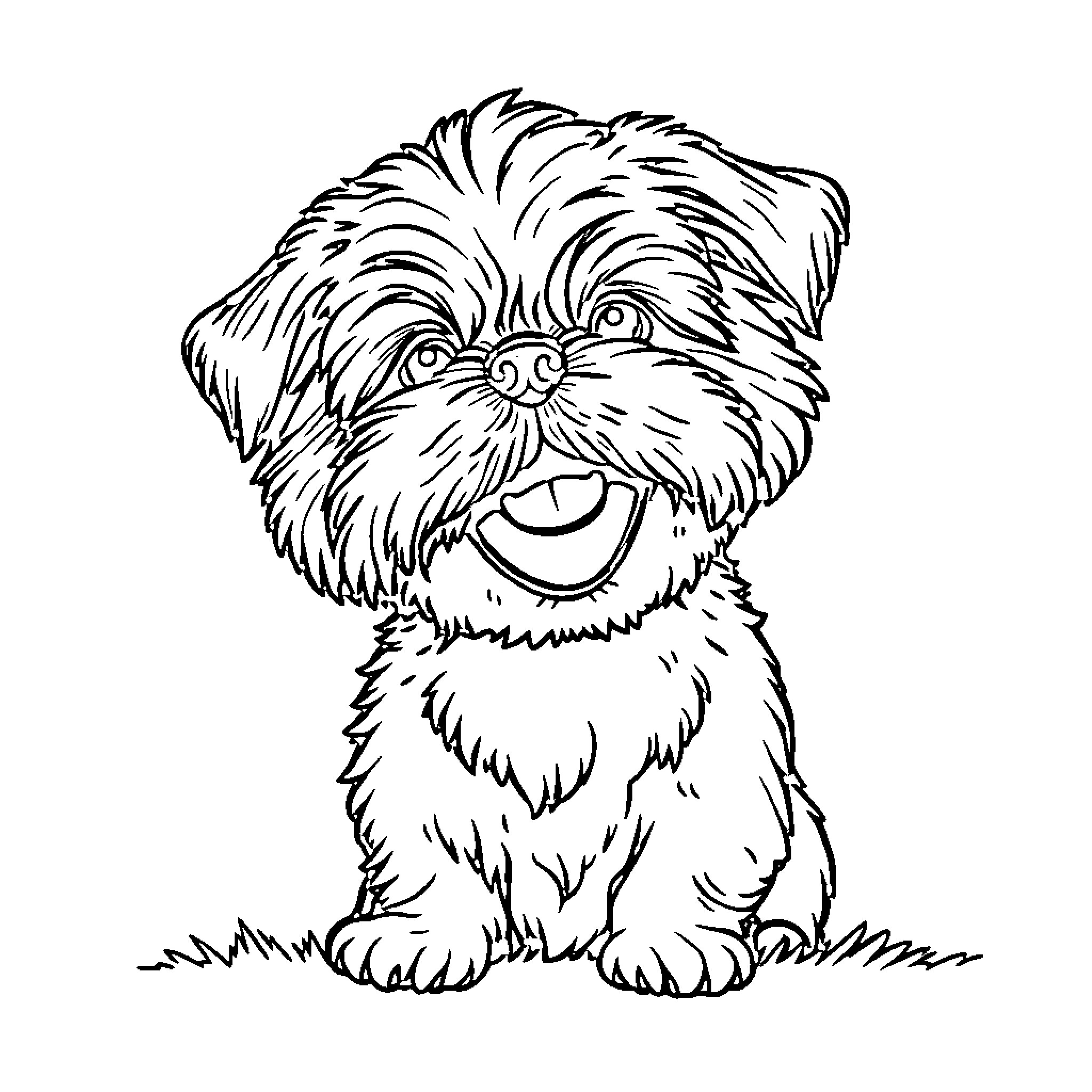 Shitzu puppy playing happily Coloring Page (free black-and-white line drawing printable PDF for all, from beginners to advanced learners, including children, teens, adults, and seniors)