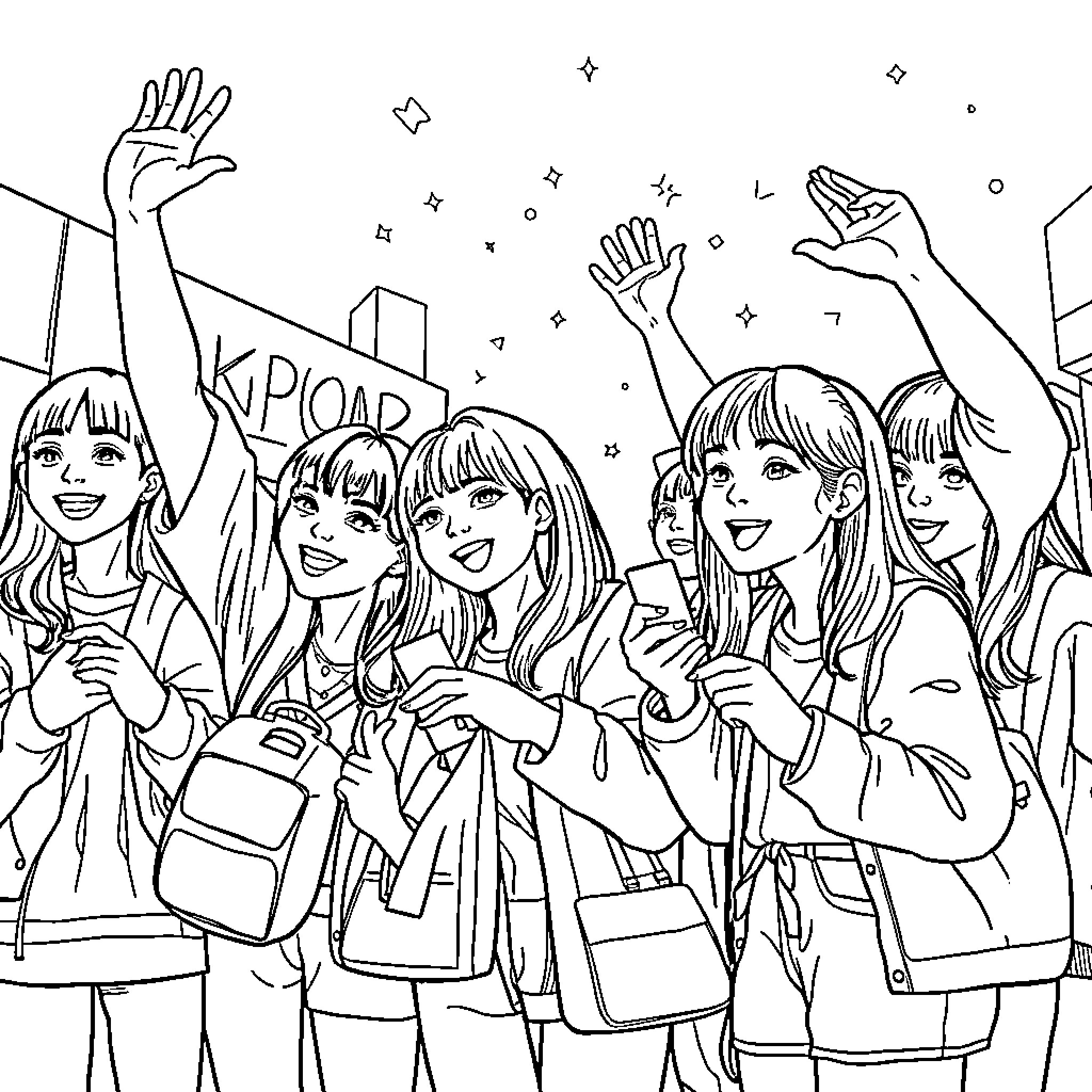K-pop Hunter: Enthusiastic Fans in Uniform Coloring Page (free black-and-white line drawing printable PDF for all, from beginners to advanced learners, including children, teens, adults, and seniors)