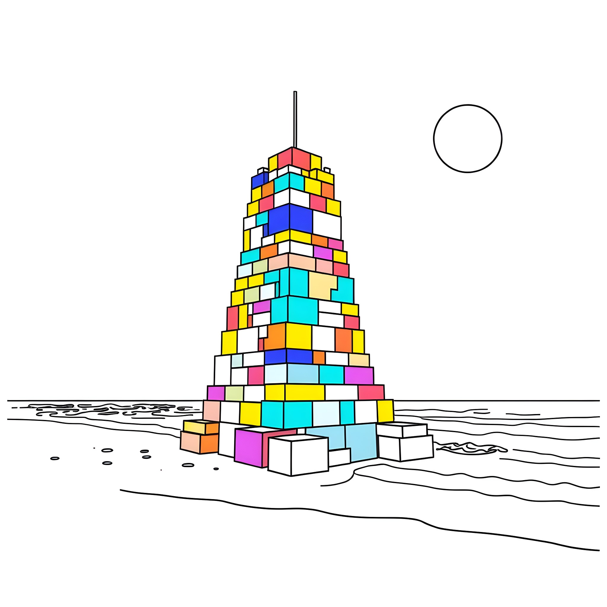 Lego tower structure in a serene landscape Coloring Page (free black-and-white line drawing printable PDF for all, from beginners to advanced learners, including children, teens, adults, and seniors)