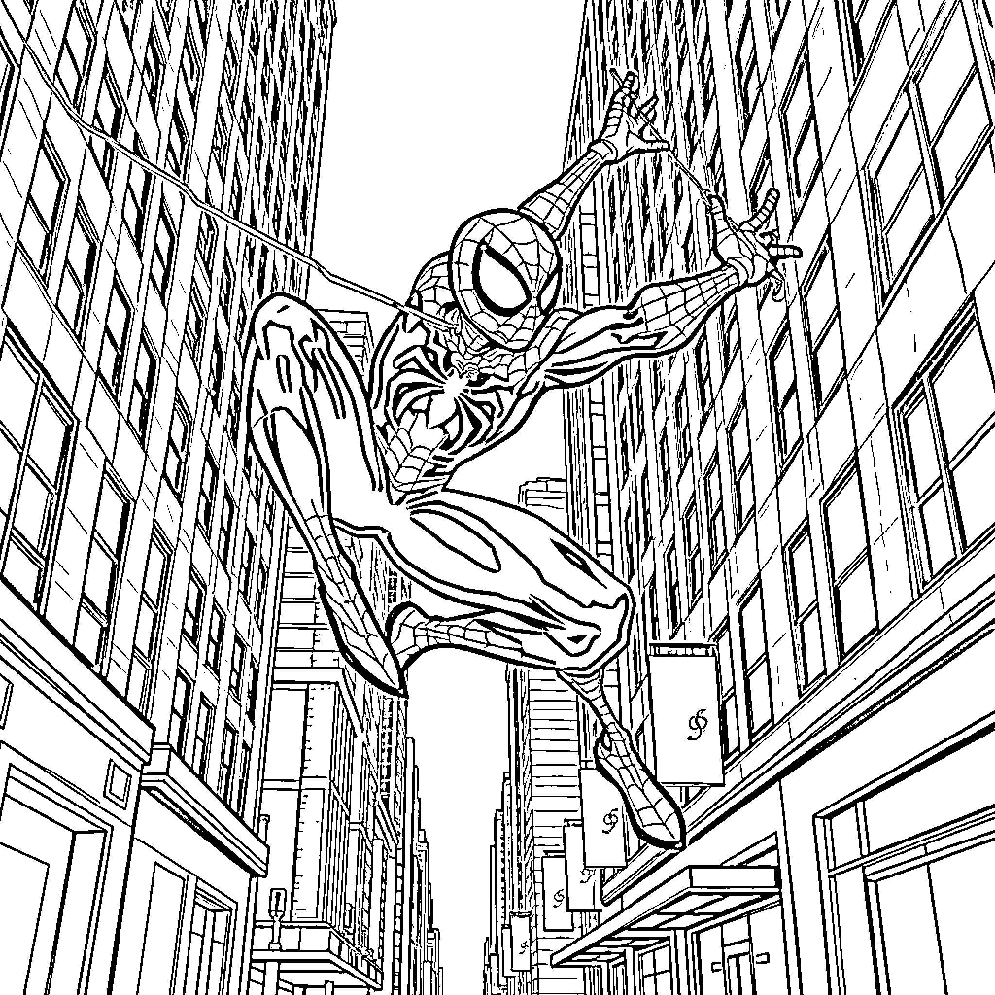 Spider-Man swinging through the city streets Coloring Page (free black-and-white line drawing printable PDF for all, from beginners to advanced learners, including children, teens, adults, and seniors)