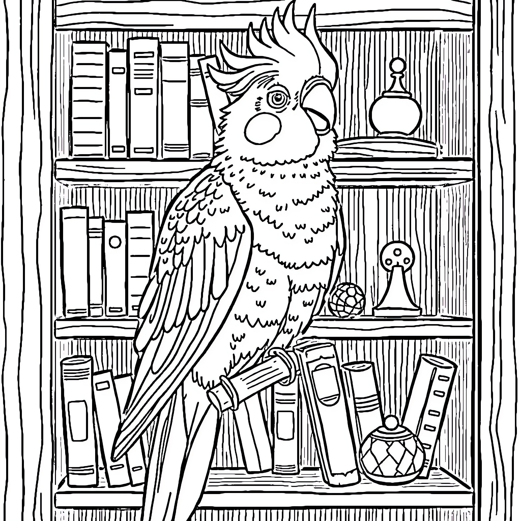 Cockatiel perched on a bookshelf Coloring Page (free black-and-white line drawing printable PDF for all, from beginners to advanced learners, including children, teens, adults, and seniors)