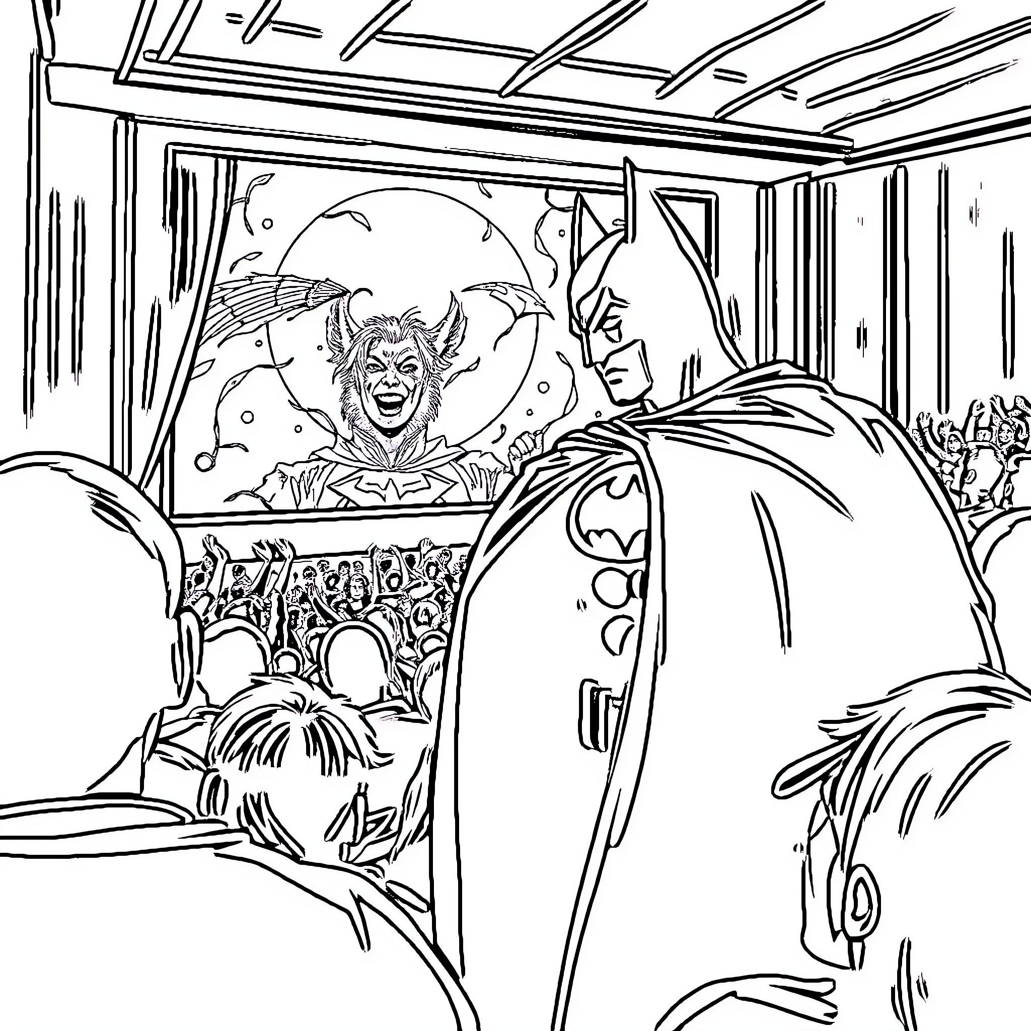 Batman Laughing Maniacally in a Theatrical Setting Coloring Page (free black-and-white line drawing printable PDF for all, from beginners to advanced learners, including children, teens, adults, and seniors)