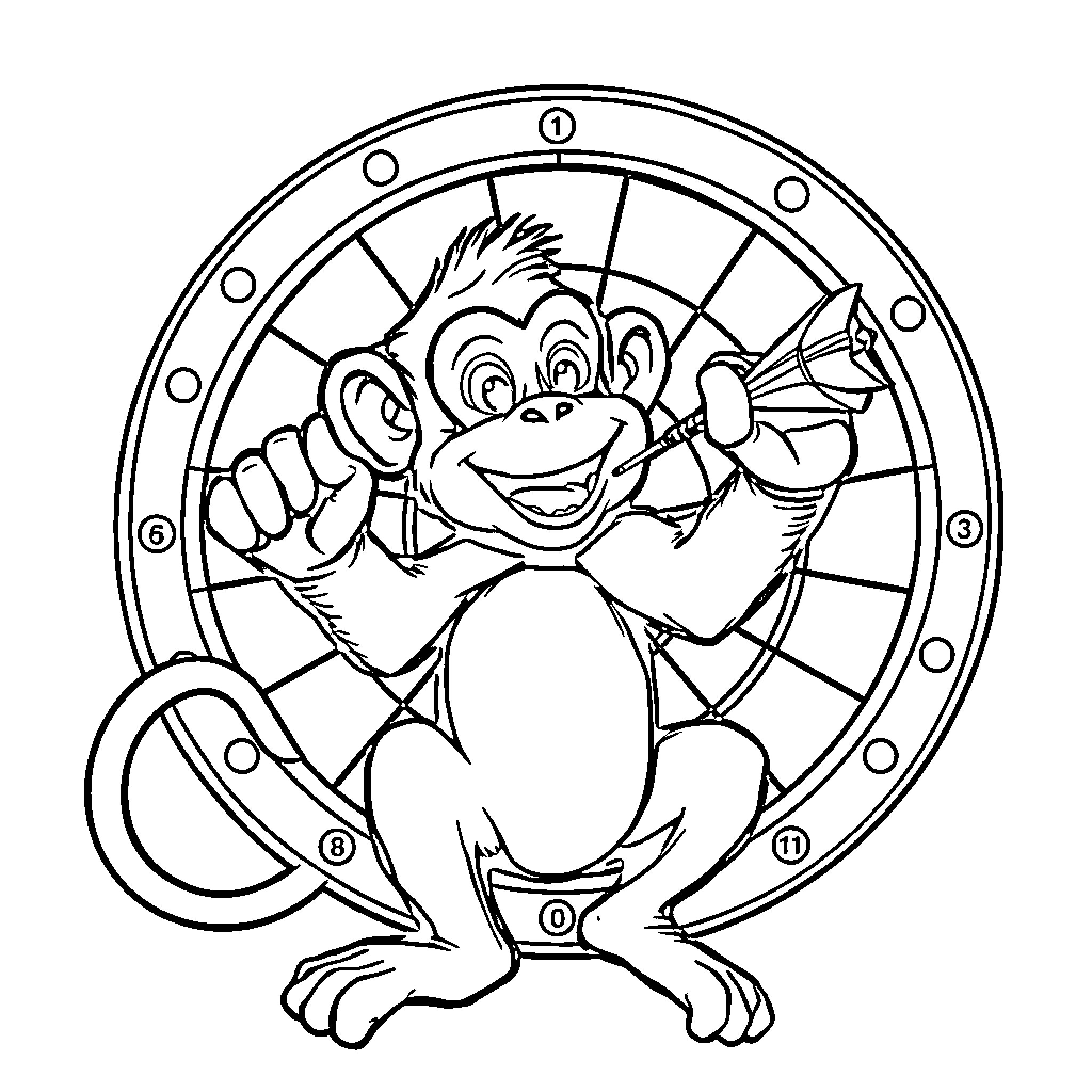Monkey playing with a horn in a stained glass frame Coloring Page (free black-and-white line drawing printable PDF for all, from beginners to advanced learners, including children, teens, adults, and seniors)