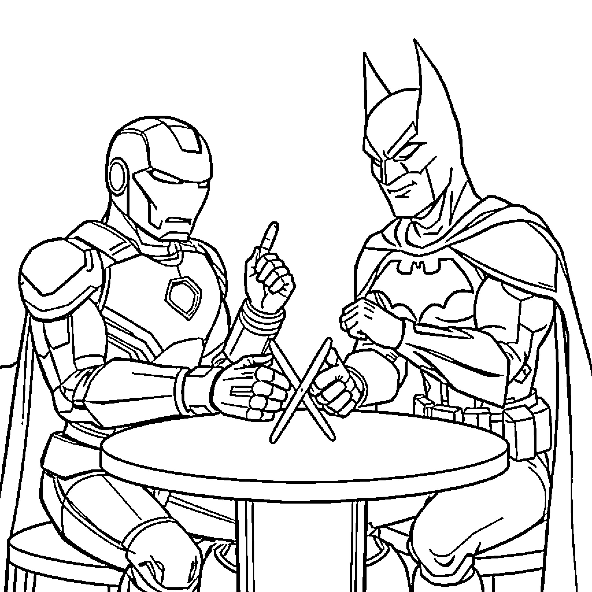 Iron Man and Batman Discussing Important Matters Coloring Page (free black-and-white line drawing printable PDF for all, from beginners to advanced learners, including children, teens, adults, and seniors)