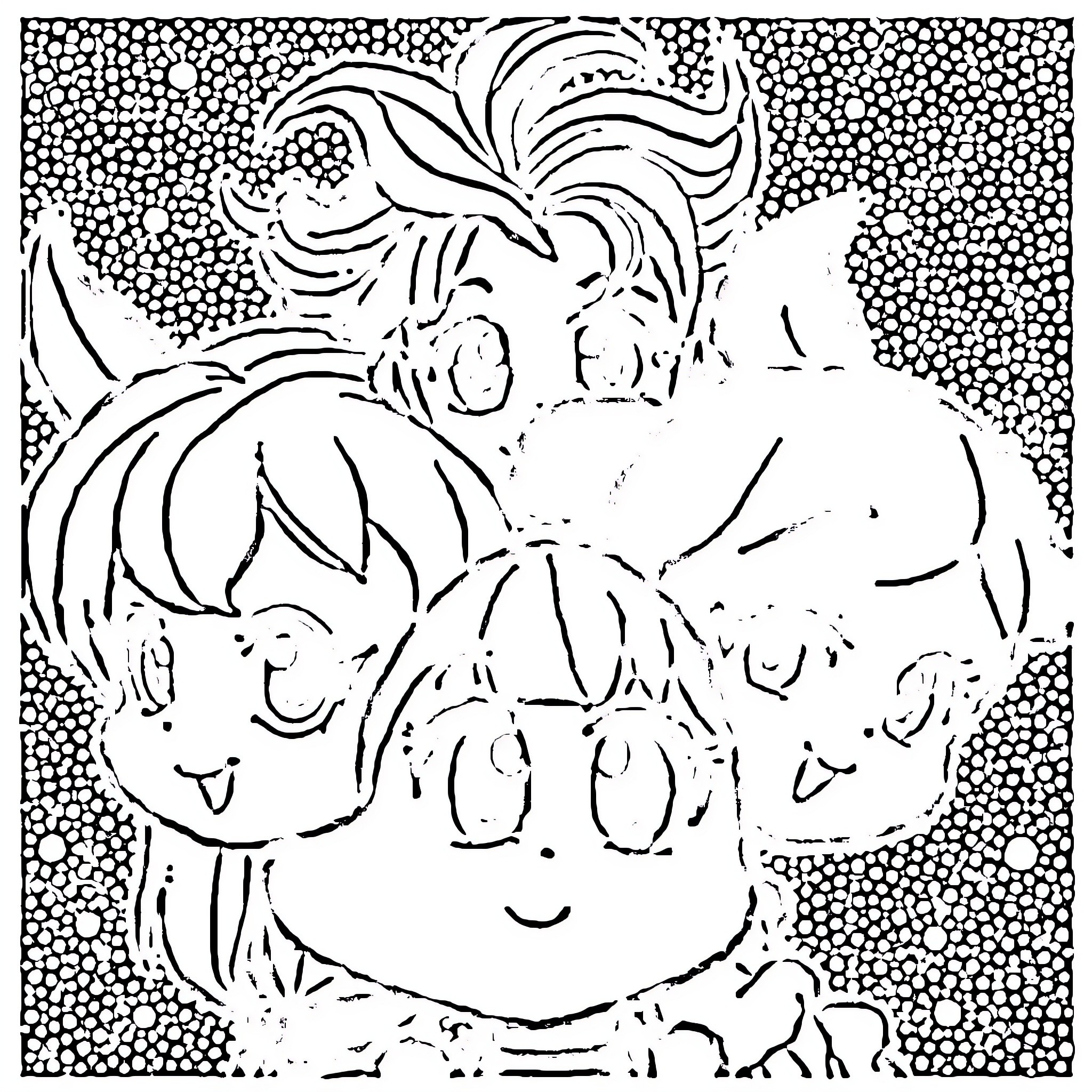 Anime Characters in a Whimsical Scene Coloring Page (free black-and-white line drawing printable PDF for all, from beginners to advanced learners, including children, teens, adults, and seniors)