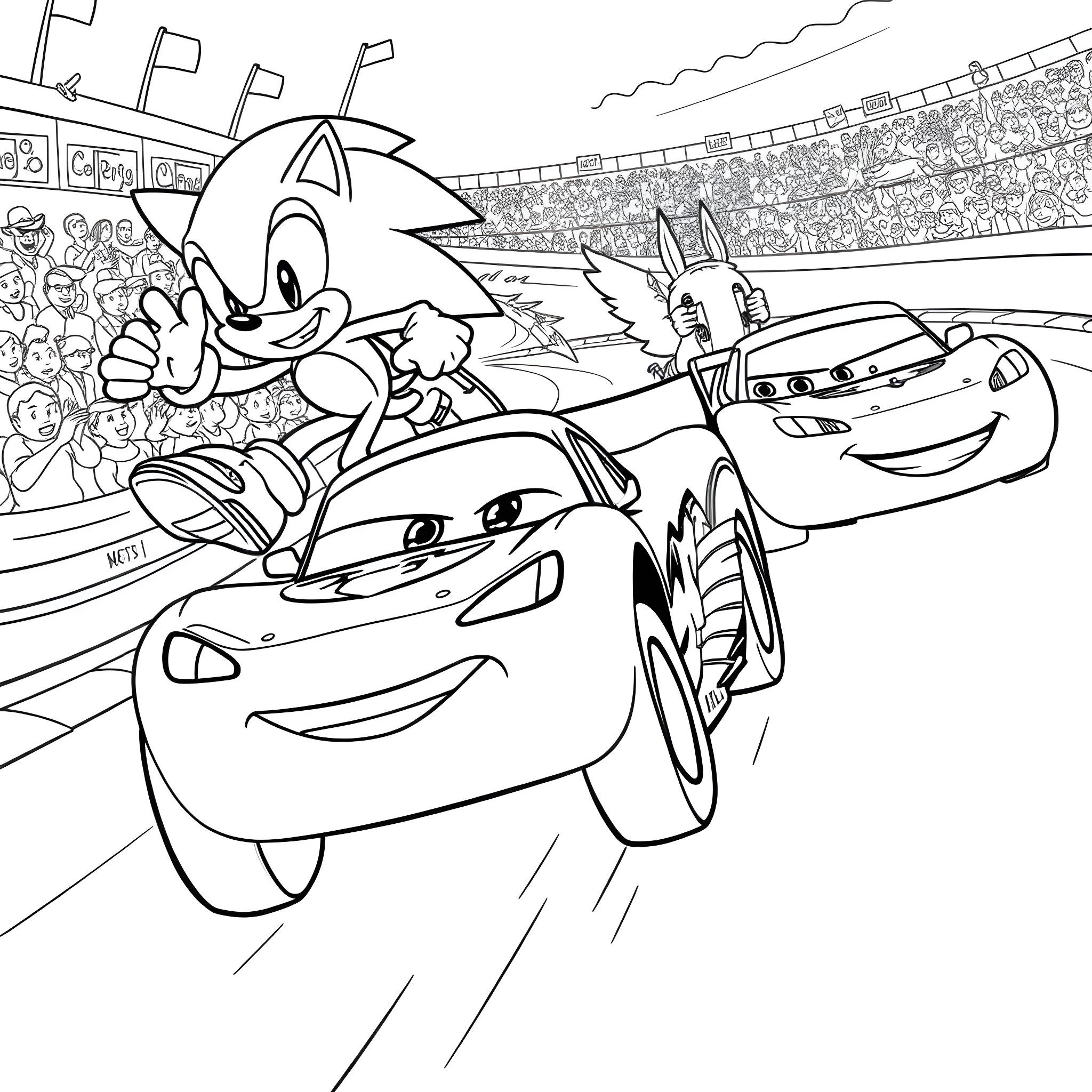 Sonic and his friends racing in a stadium Coloring Page (free black-and-white line drawing printable PDF for all, from beginners to advanced learners, including children, teens, adults, and seniors)