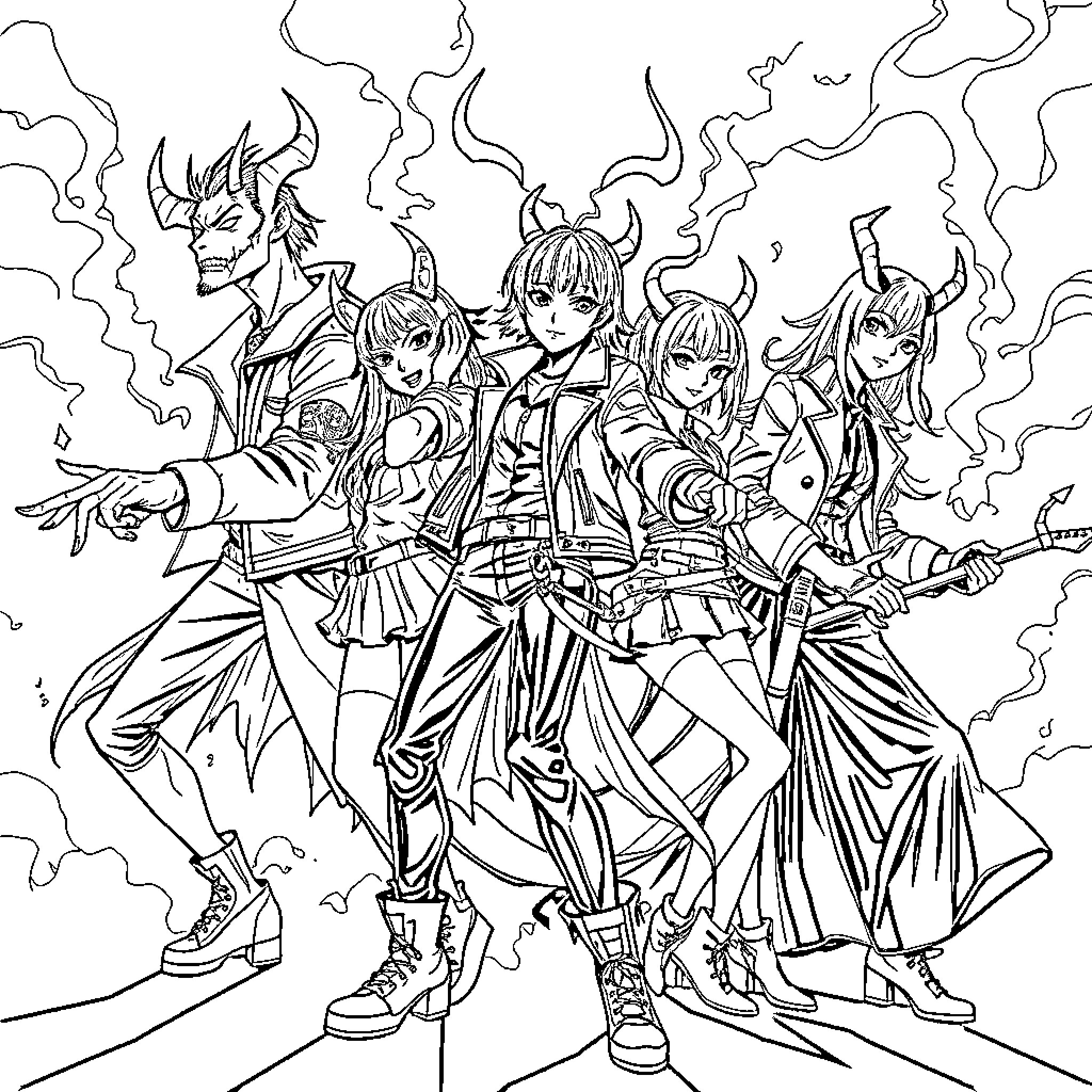 Demon Hunter Crew in Fierce Battle Attire Coloring Page (free black-and-white line drawing printable PDF for all, from beginners to advanced learners, including children, teens, adults, and seniors)