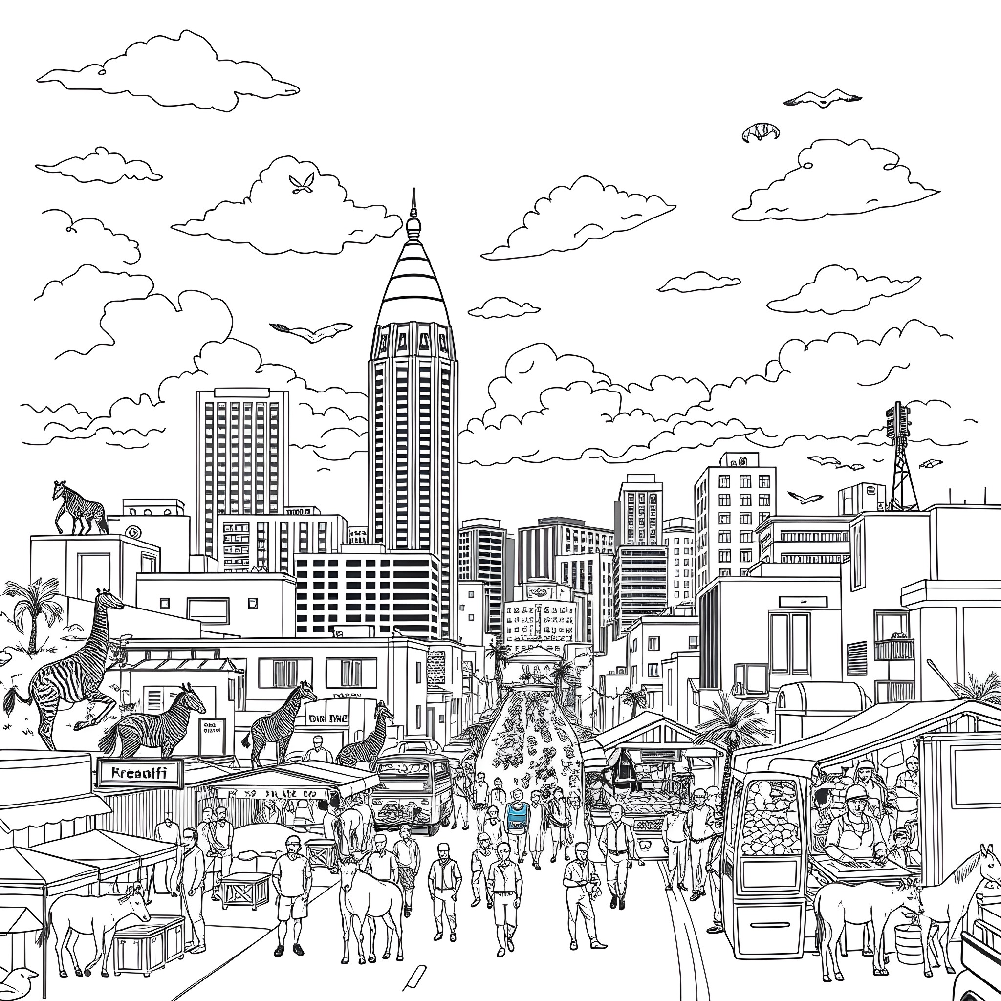Nairobi cityscape with people, animals, and buildings Coloring Page (free black-and-white line drawing printable PDF for all, from beginners to advanced learners, including children, teens, adults, and seniors)