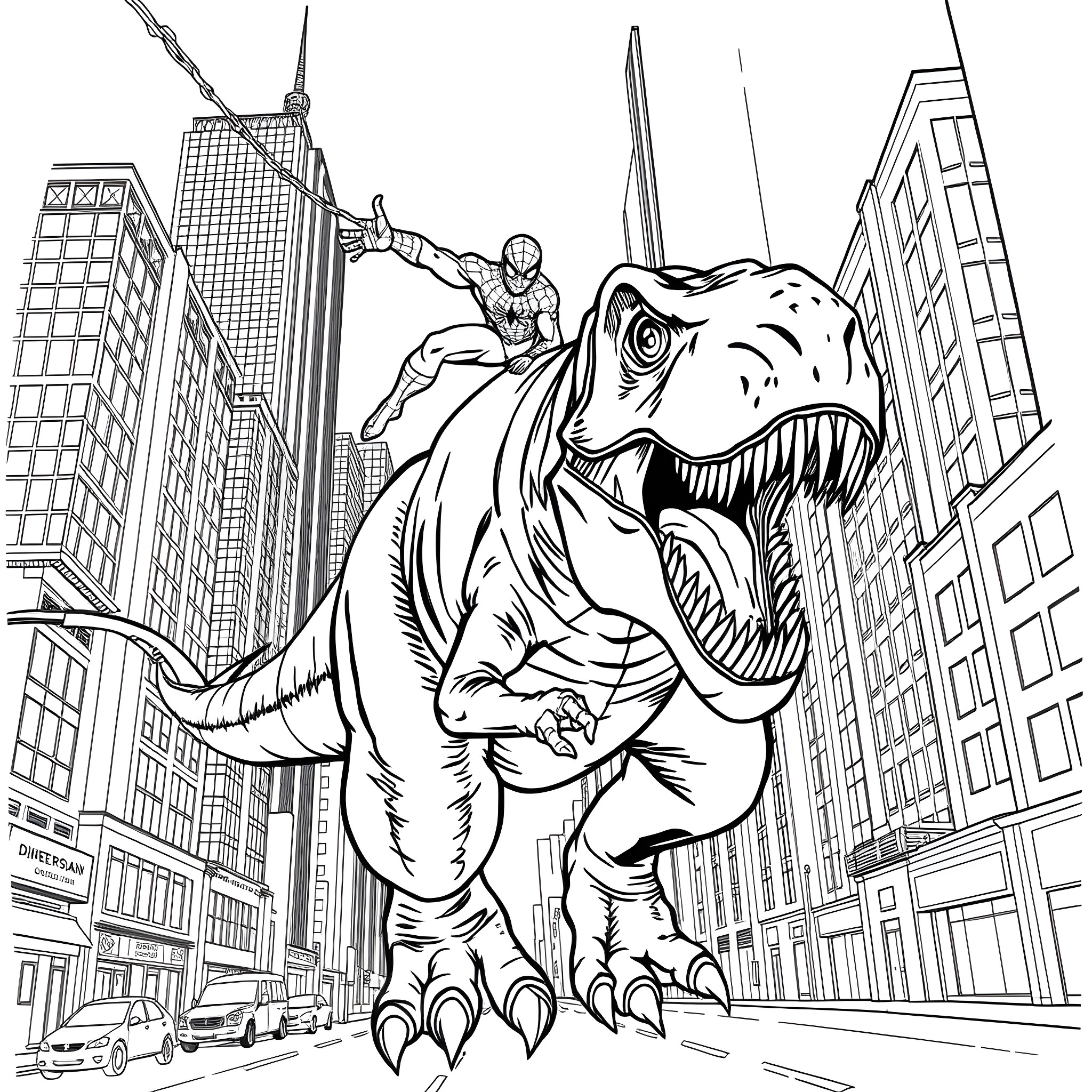 Spider-Man battling a towering dinosaur in the city Coloring Page (free black-and-white line drawing printable PDF for all, from beginners to advanced learners, including children, teens, adults, and seniors)
