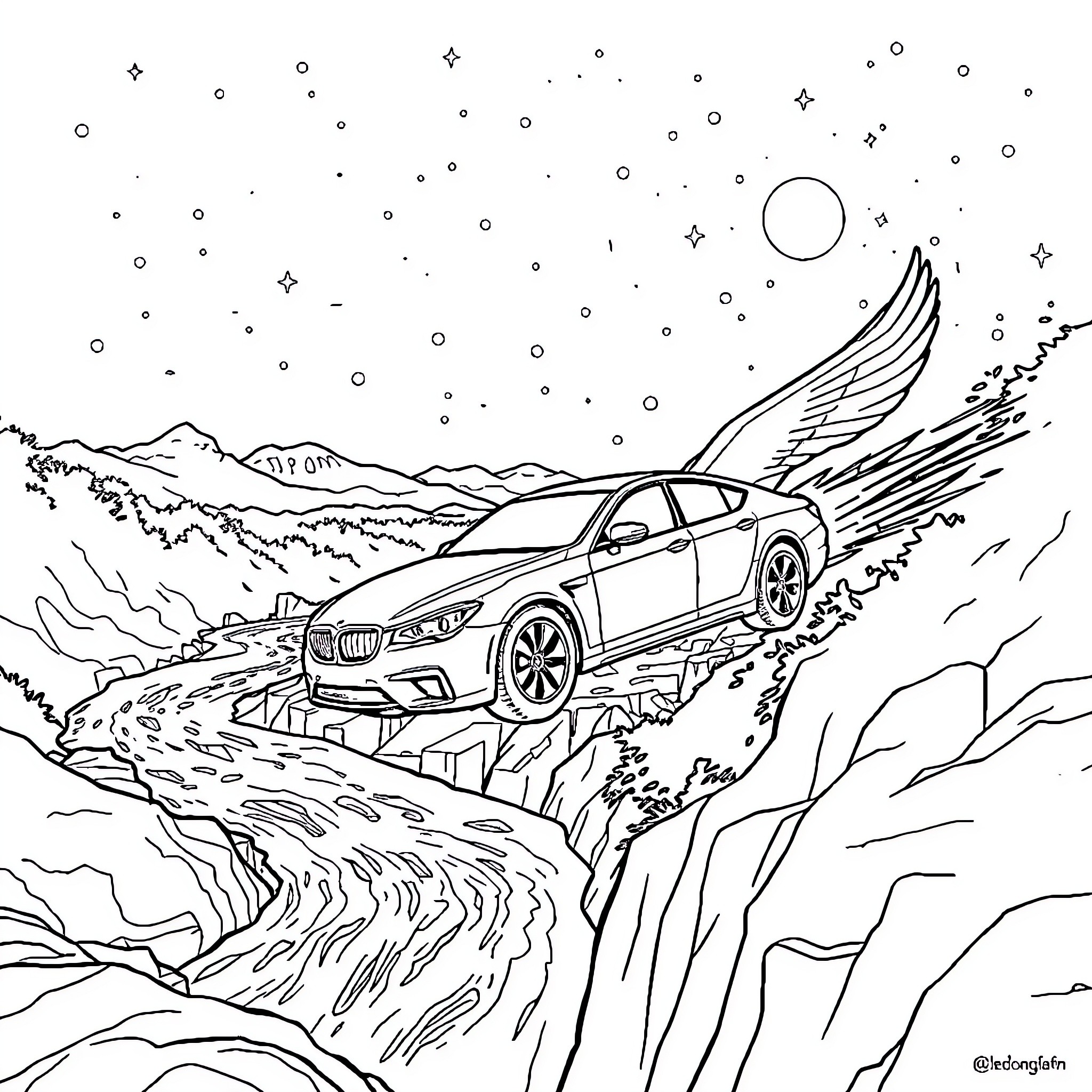 Flying Car Soaring Through Mountainous Landscape Coloring Page (free black-and-white line drawing printable PDF for all, from beginners to advanced learners, including children, teens, adults, and seniors)