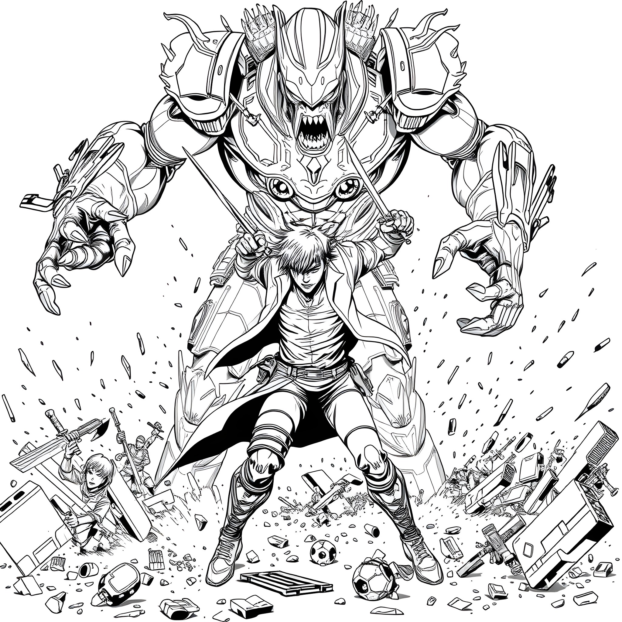 Levi Ackerman's Intense Battle with Monstrous Foes Coloring Page (free black-and-white line drawing printable PDF for all, from beginners to advanced learners, including children, teens, adults, and seniors)