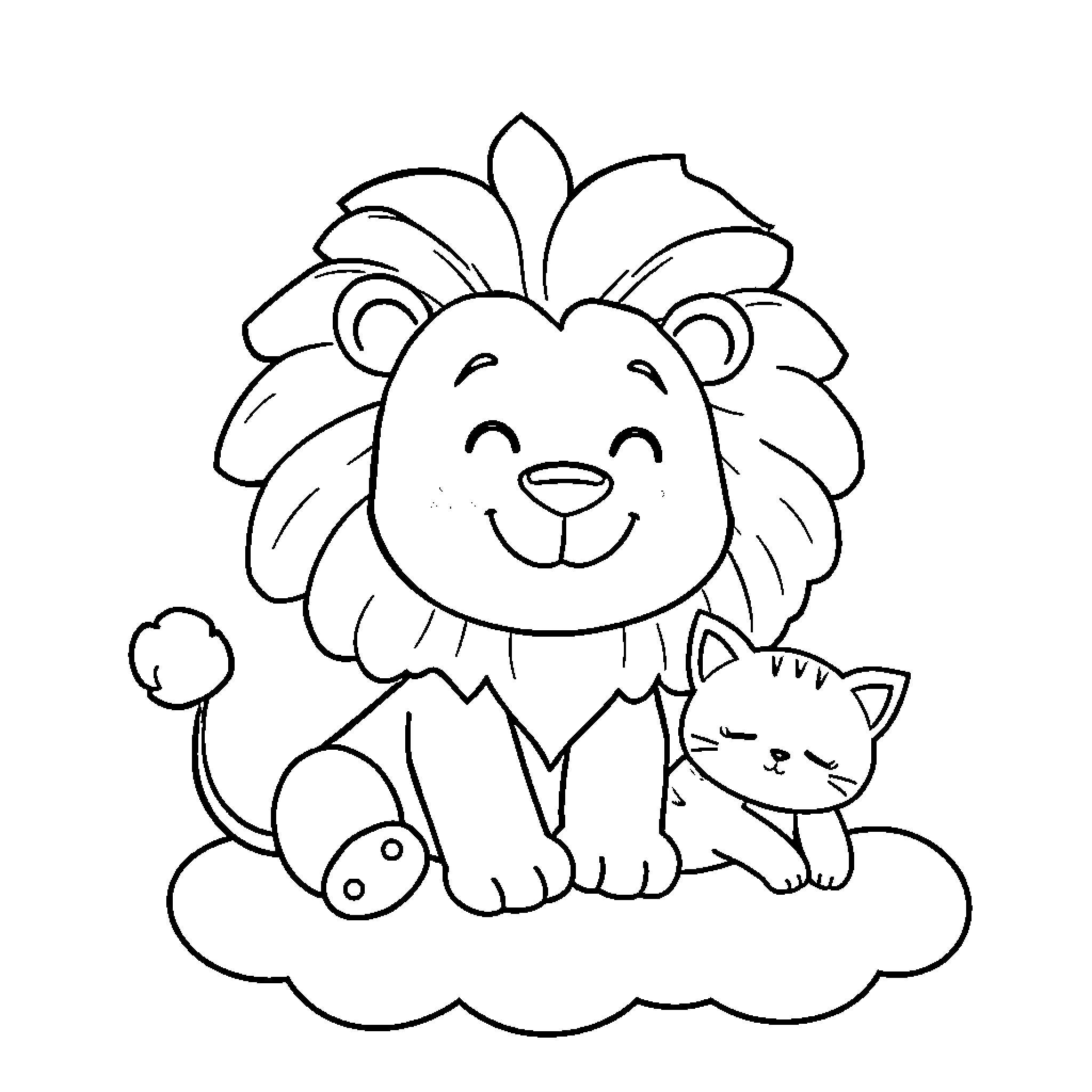 Lion and Kitten on Clouds Coloring Page (free black-and-white line drawing printable PDF for all, from beginners to advanced learners, including children, teens, adults, and seniors)