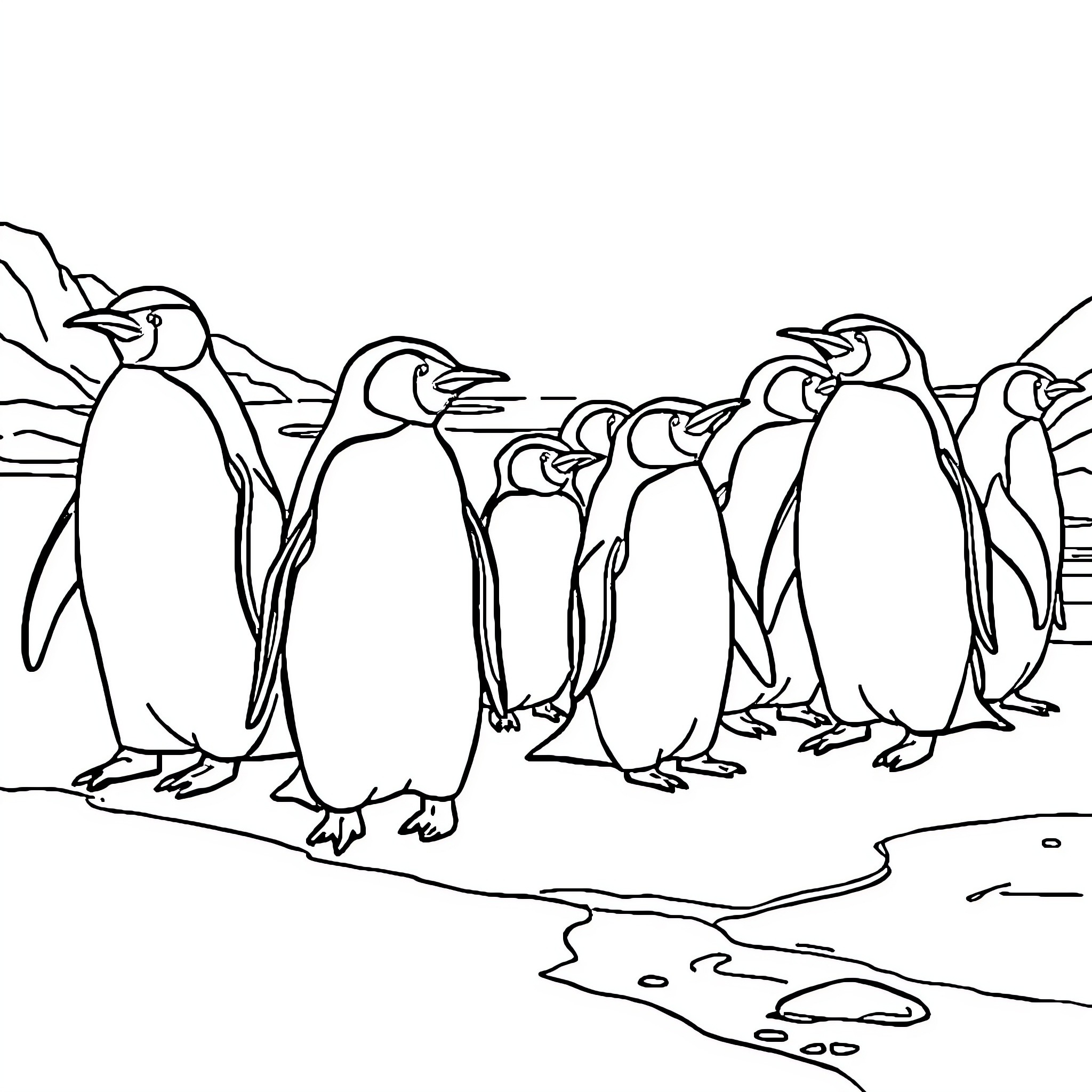 Penguins standing together in a snowy landscape Coloring Page (free black-and-white line drawing printable PDF for all, from beginners to advanced learners, including children, teens, adults, and seniors)