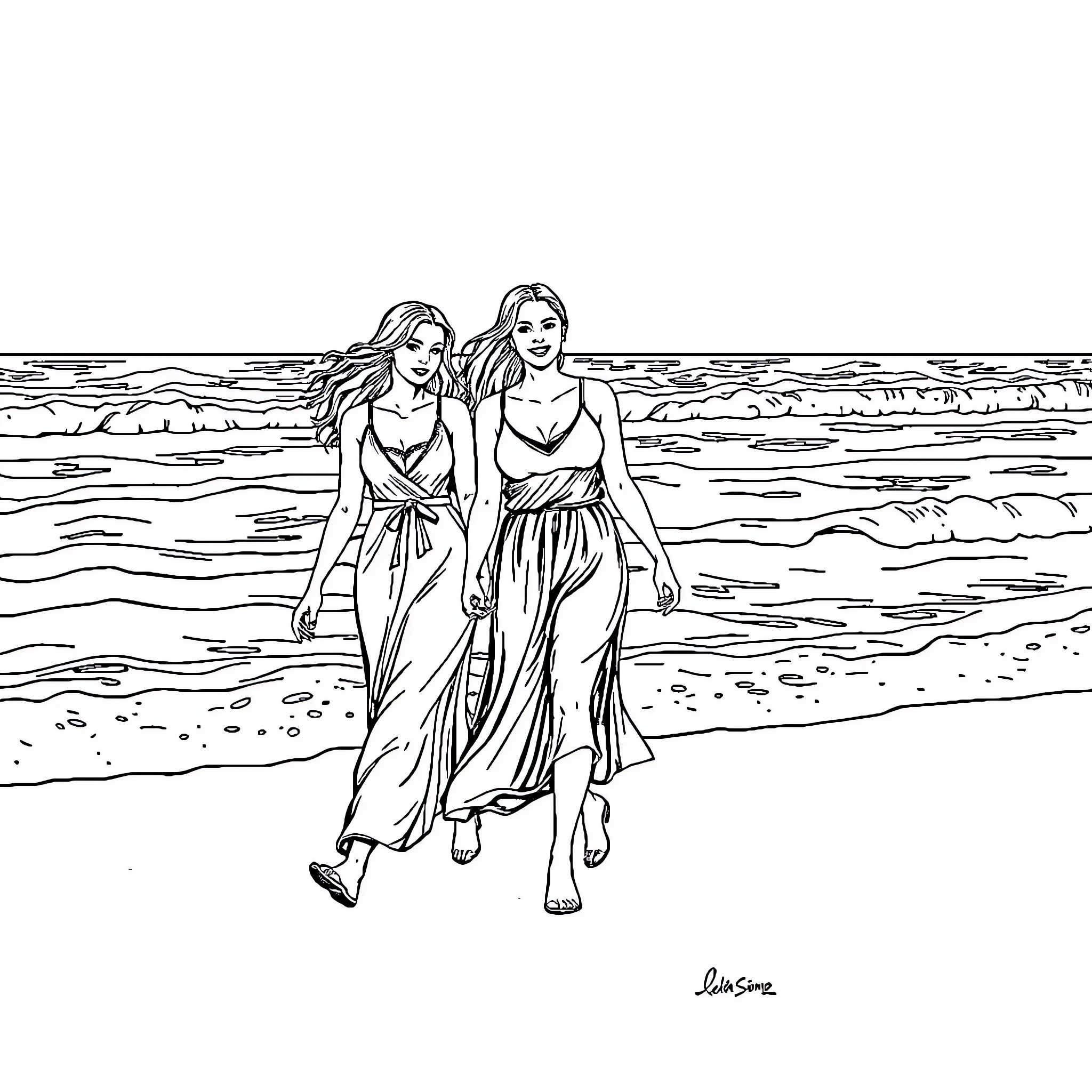 Women enjoying a beach day together Coloring Page (free black-and-white line drawing printable PDF for all, from beginners to advanced learners, including children, teens, adults, and seniors)