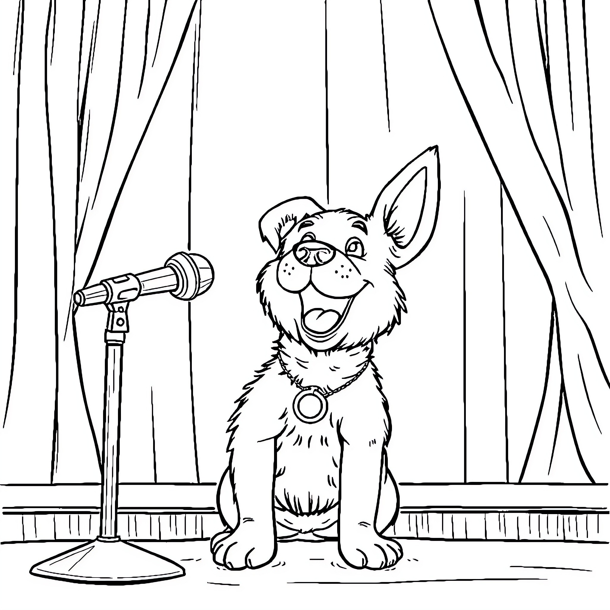 Dog performing on stage with a microphone Coloring Page (free black-and-white line drawing printable PDF for all, from beginners to advanced learners, including children, teens, adults, and seniors)