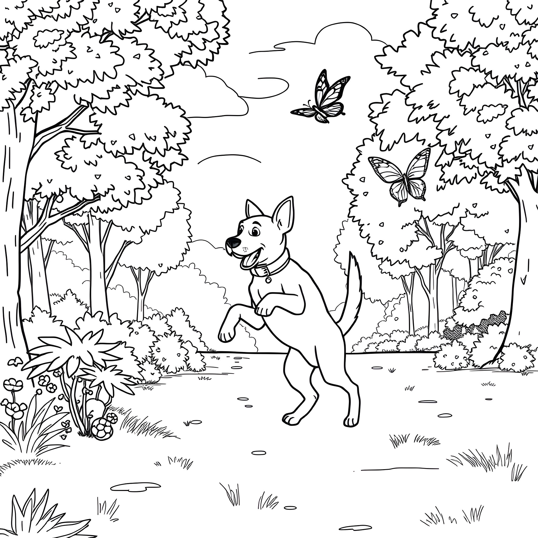 Dog playing happily in the forest with butterflies Coloring Page (free black-and-white line drawing printable PDF for all, from beginners to advanced learners, including children, teens, adults, and seniors)