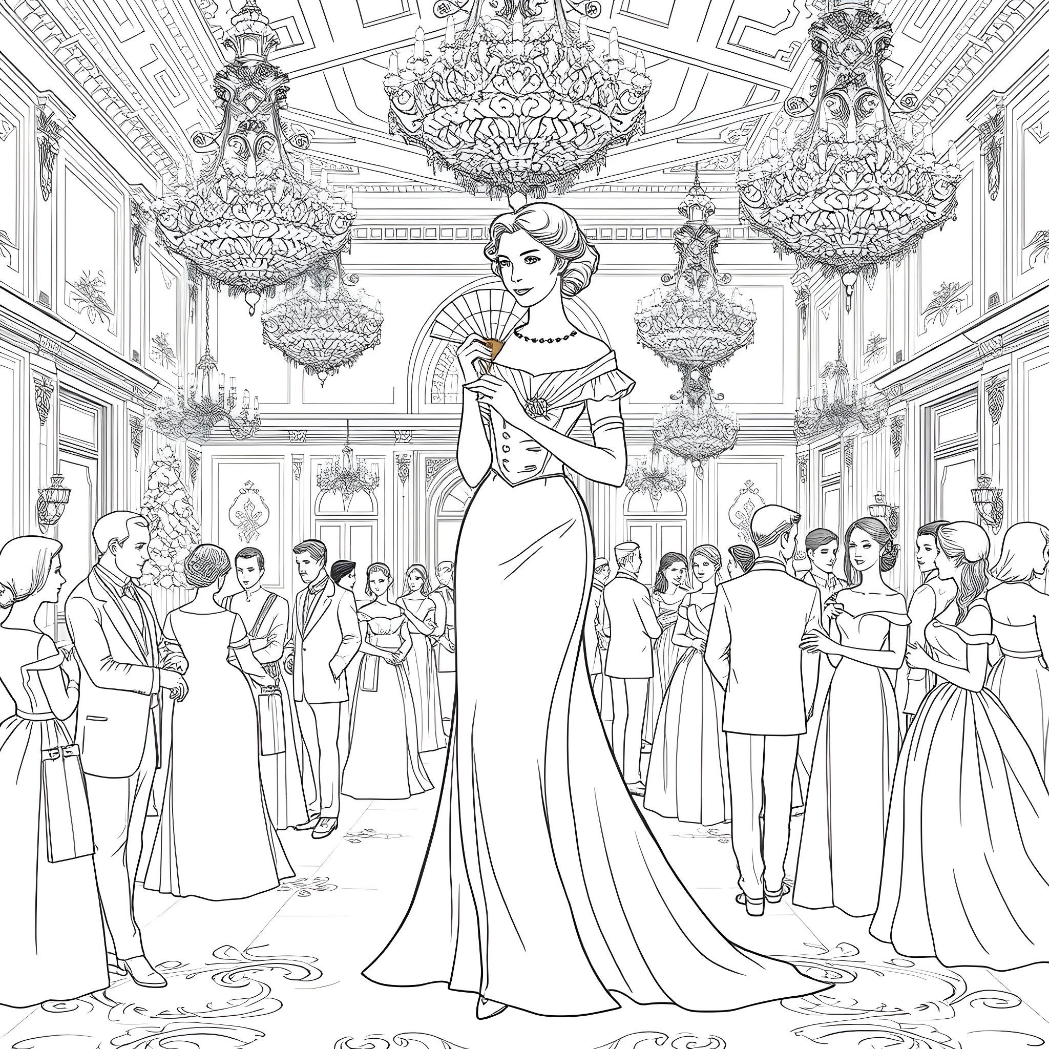 Heroine in a grand ballroom surrounded by elegant guests Coloring Page (free black-and-white line drawing printable PDF for all, from beginners to advanced learners, including children, teens, adults, and seniors)