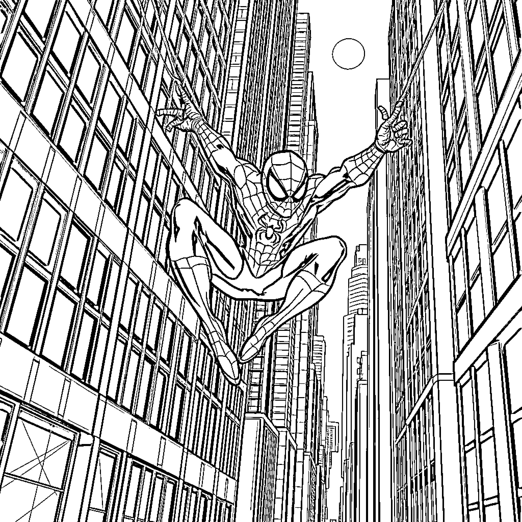 Spider-Man swinging through the city skyline Coloring Page (free black-and-white line drawing printable PDF for all, from beginners to advanced learners, including children, teens, adults, and seniors)
