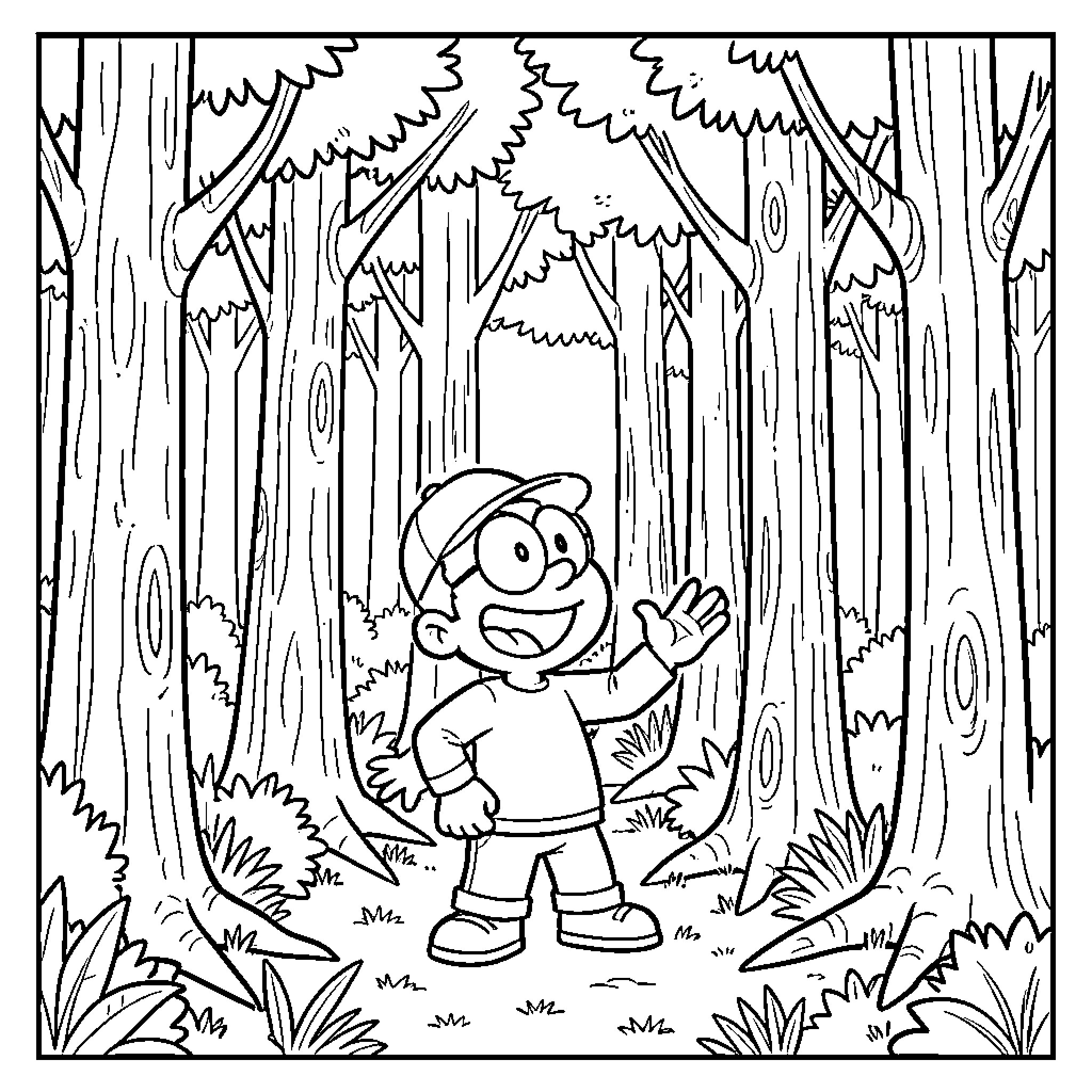 Lincoln Loud waving happily in a dense forest Coloring Page (free black-and-white line drawing printable PDF for all, from beginners to advanced learners, including children, teens, adults, and seniors)