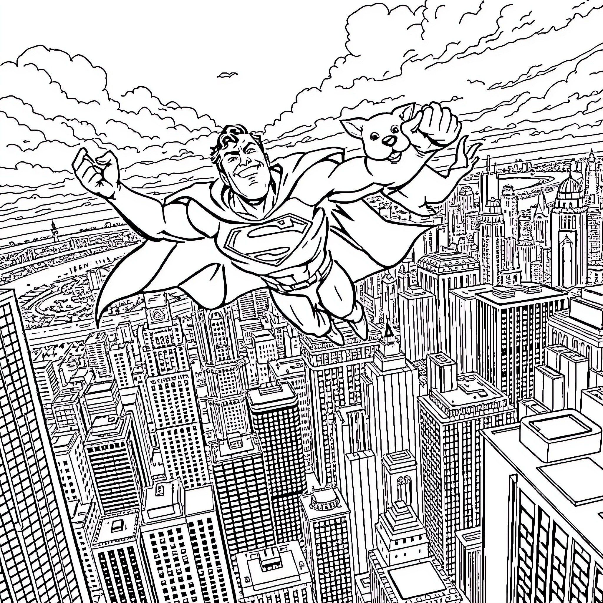 Superman soaring over the city skyline Coloring Page (free black-and-white line drawing printable PDF for all, from beginners to advanced learners, including children, teens, adults, and seniors)