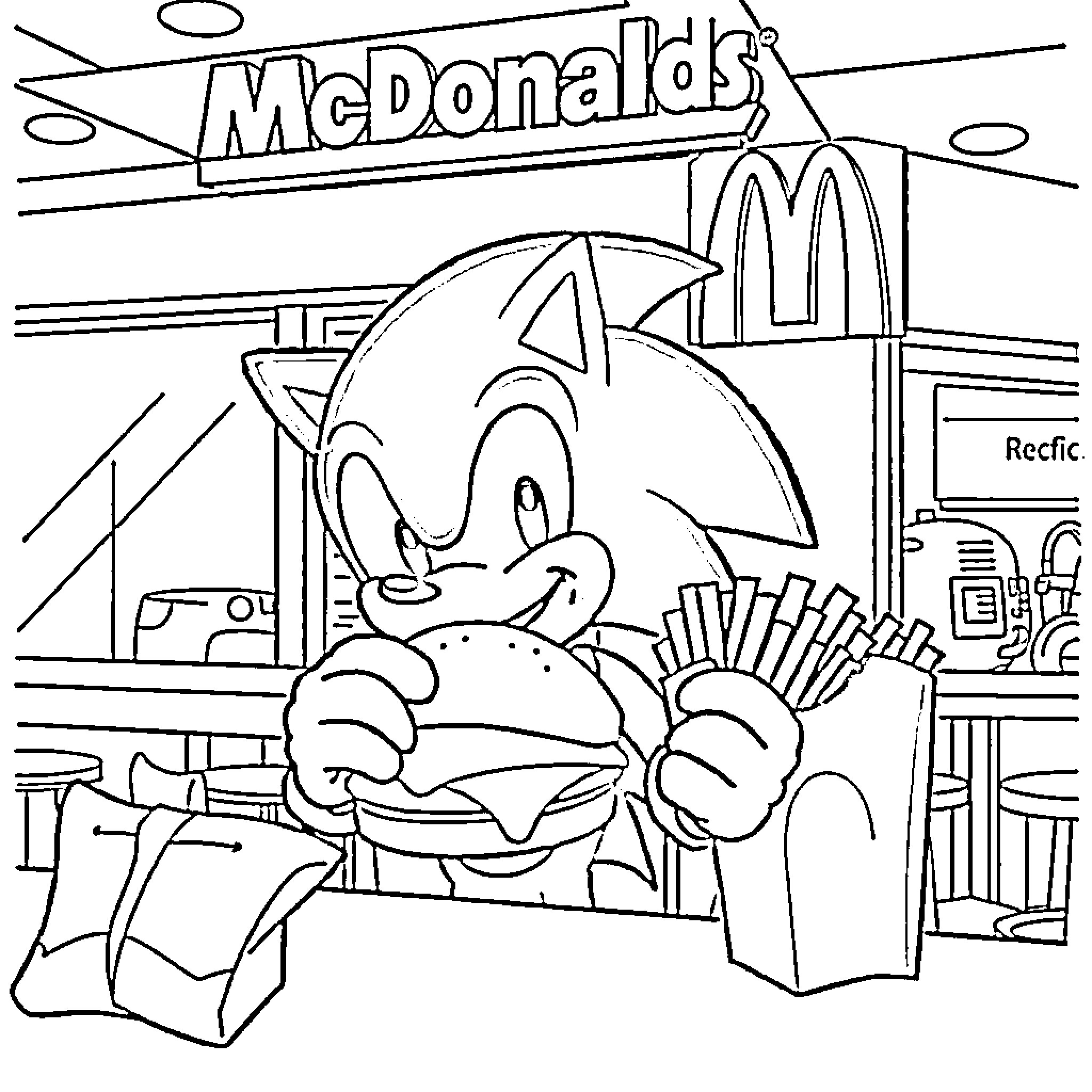 Sonic enjoying fast food at McDonald's Coloring Page (free black-and-white line drawing printable PDF for all, from beginners to advanced learners, including children, teens, adults, and seniors)