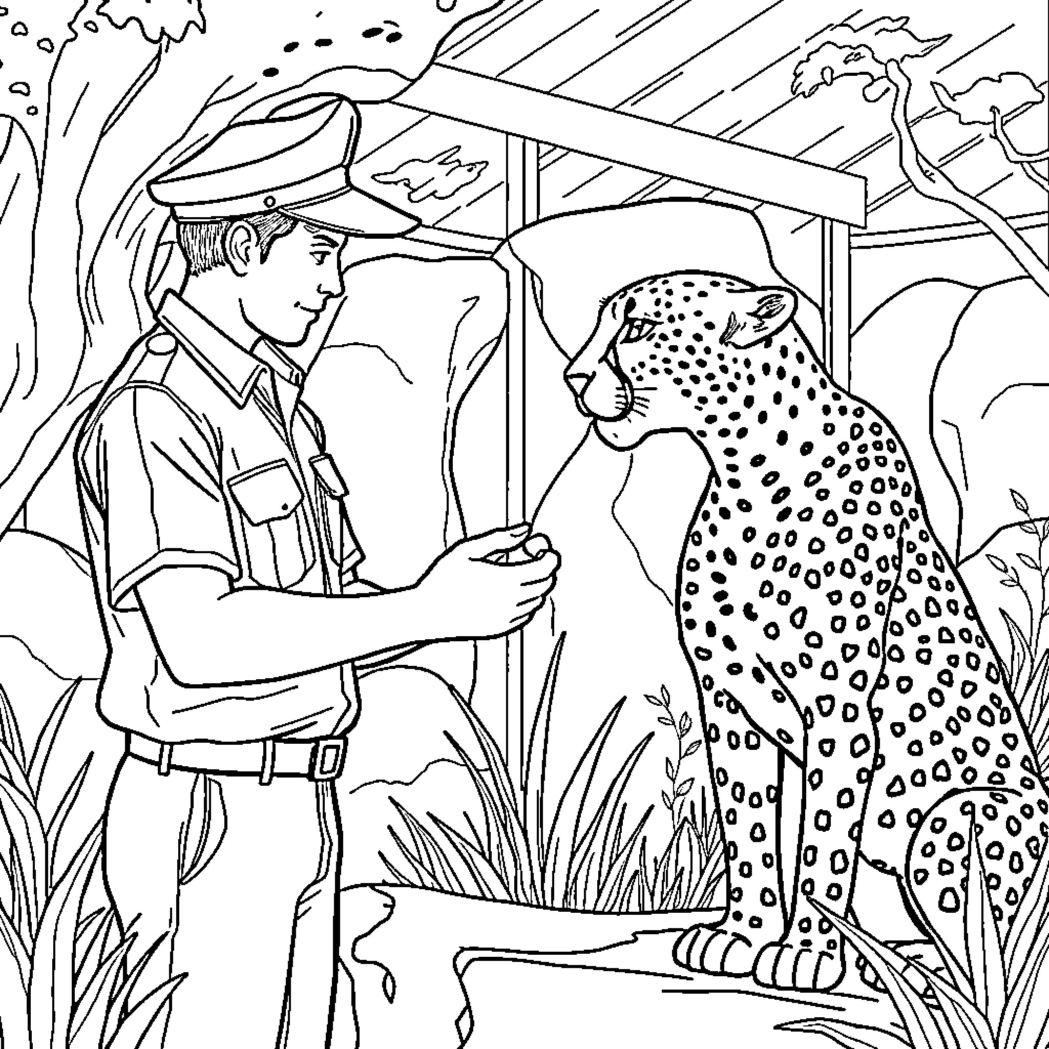 Zookeeper Interacting with Majestic Leopard Coloring Page (free black-and-white line drawing printable PDF for all, from beginners to advanced learners, including children, teens, adults, and seniors)