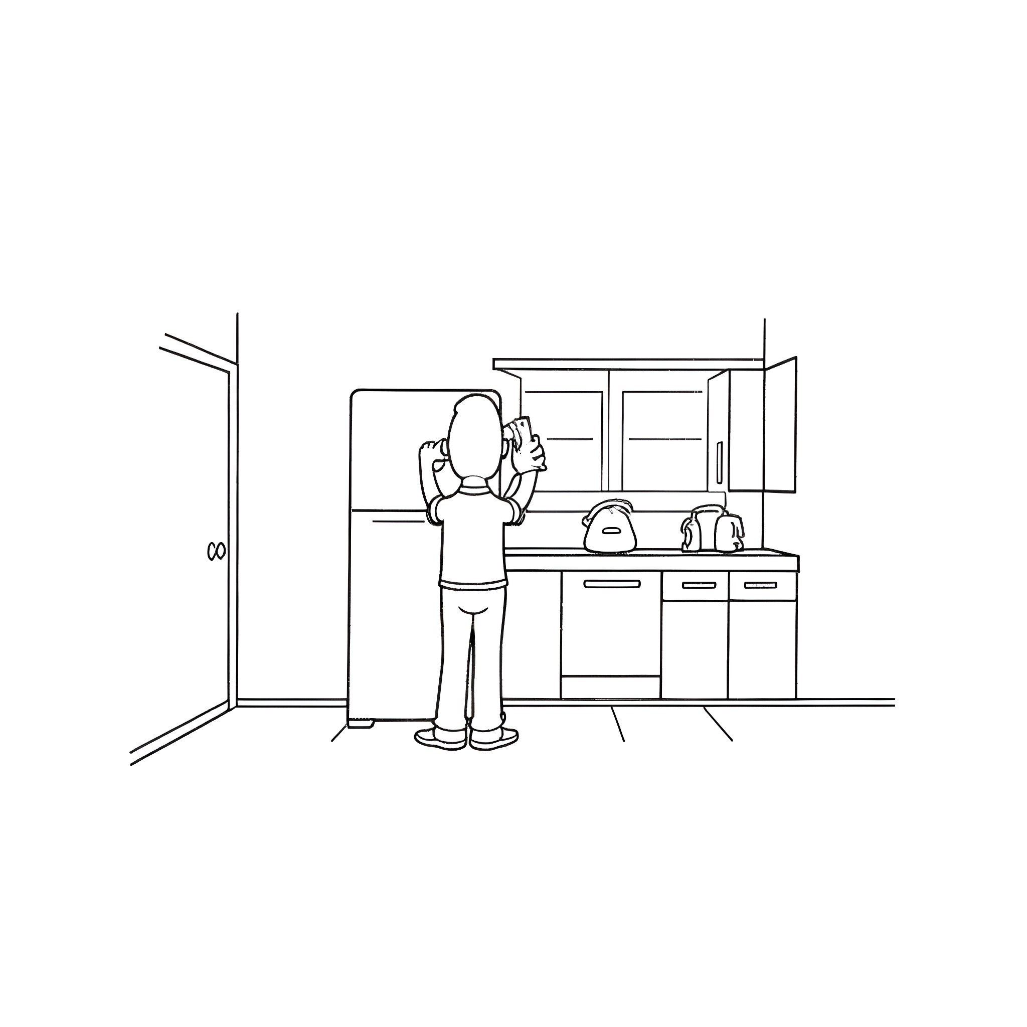 Bobby explores the kitchen appliances Coloring Page (free black-and-white line drawing printable PDF for all, from beginners to advanced learners, including children, teens, adults, and seniors)