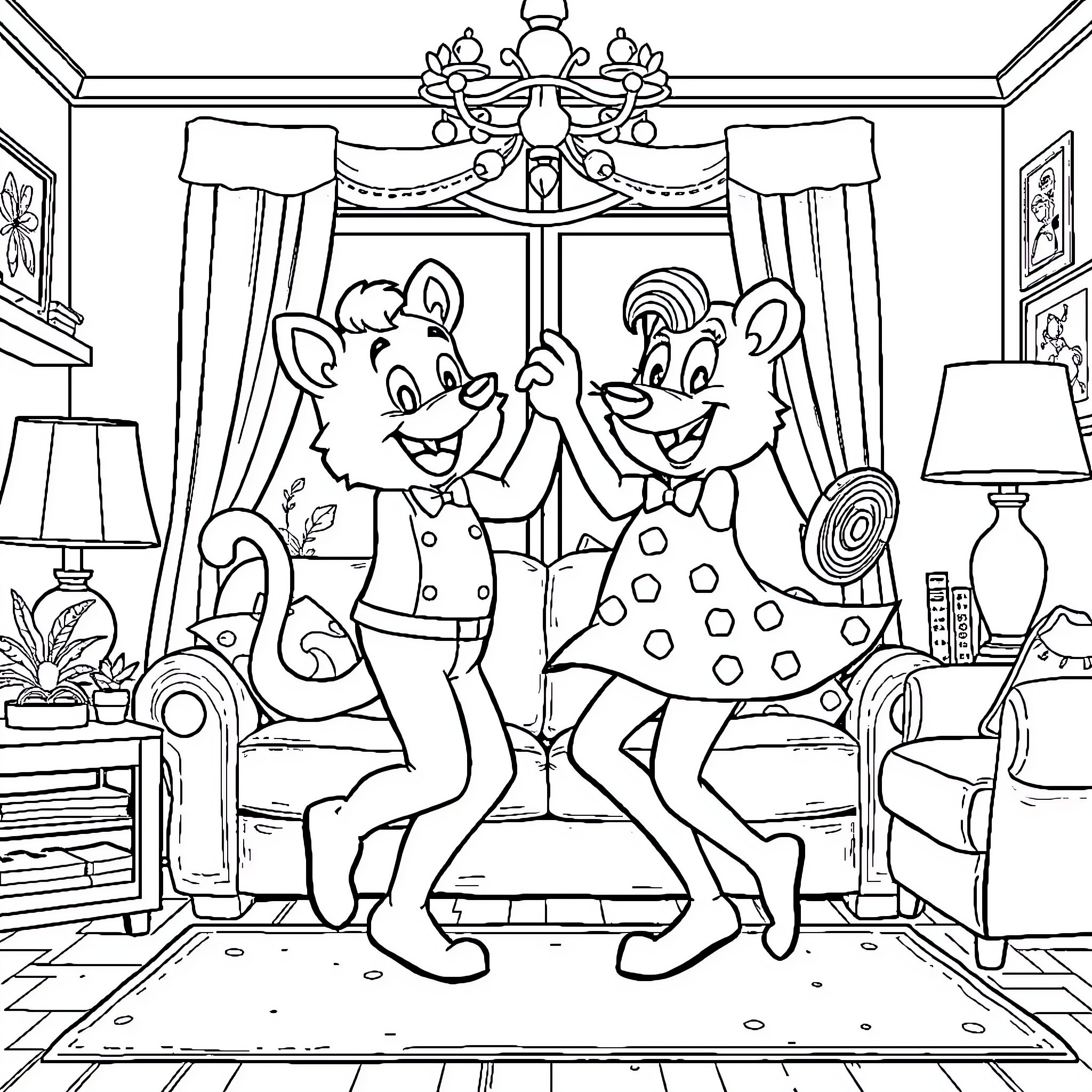 Bluey's Friendly Dance in a Cozy Room Coloring Page (free black-and-white line drawing printable PDF for all, from beginners to advanced learners, including children, teens, adults, and seniors)