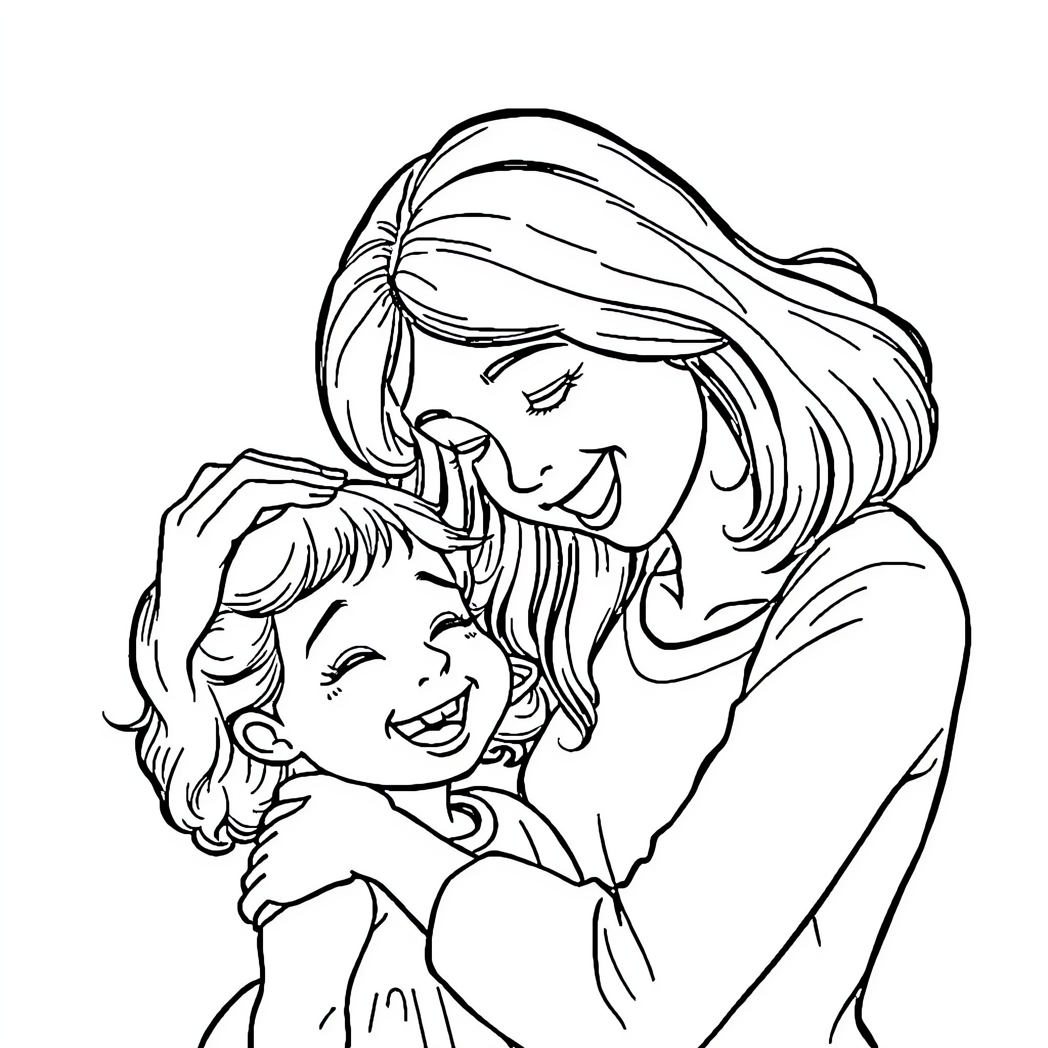 Mother embracing and comforting her child Coloring Page (free black-and-white line drawing printable PDF for all, from beginners to advanced learners, including children, teens, adults, and seniors)