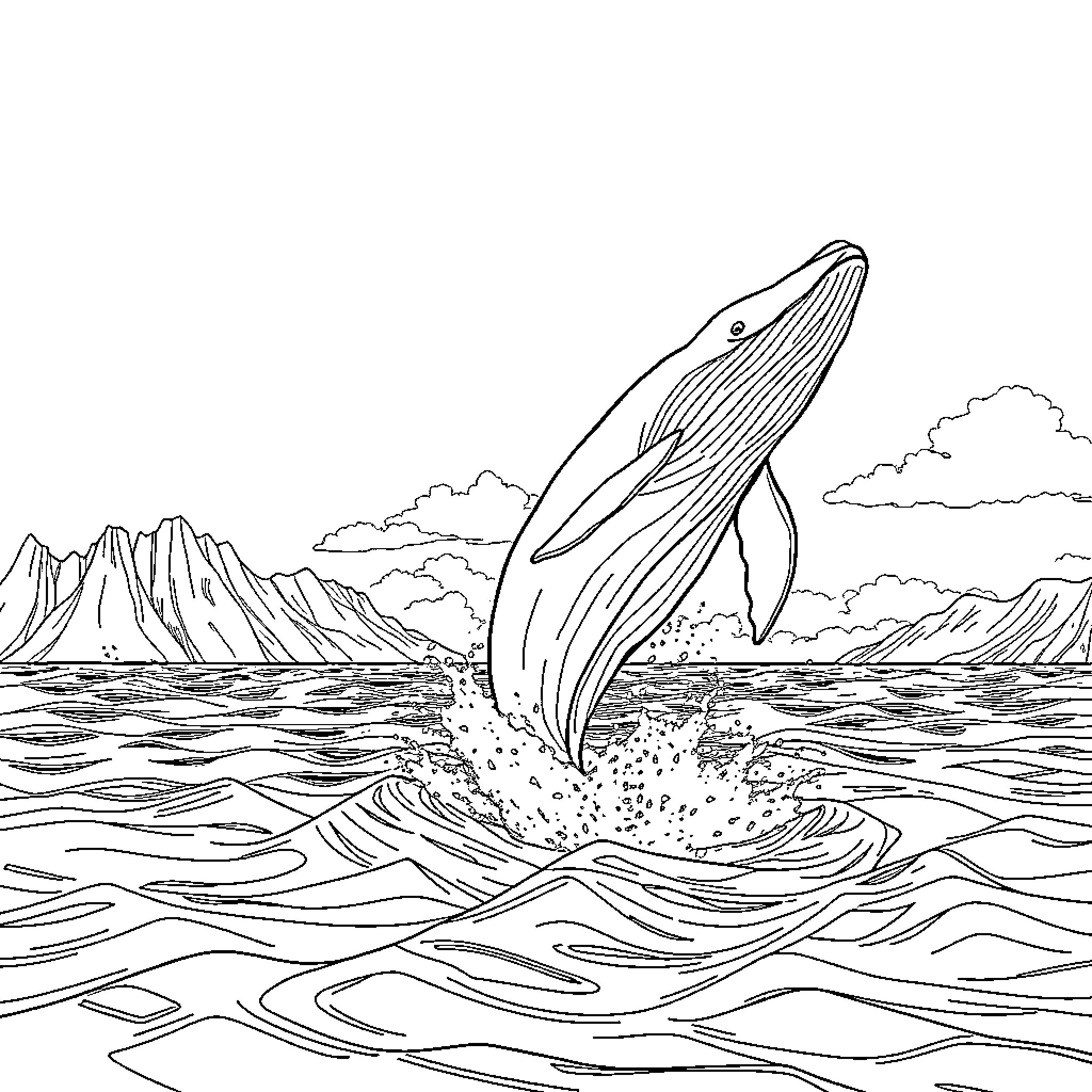 Whale Jumping Joyfully in the Sea Coloring Page (free black-and-white line drawing printable PDF for all, from beginners to advanced learners, including children, teens, adults, and seniors)