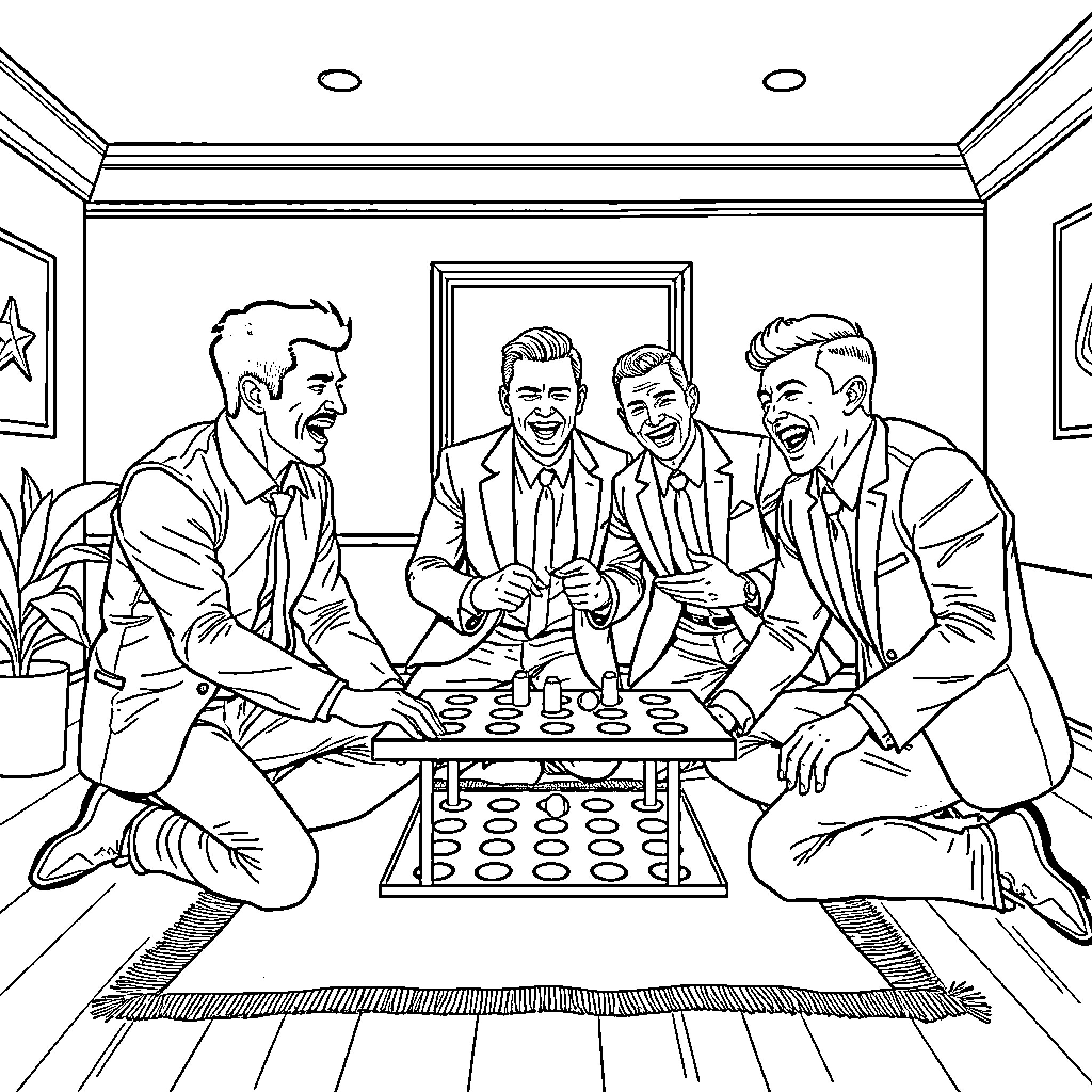 Ice Agents Gathered Around Board Game Coloring Page (free black-and-white line drawing printable PDF for all, from beginners to advanced learners, including children, teens, adults, and seniors)