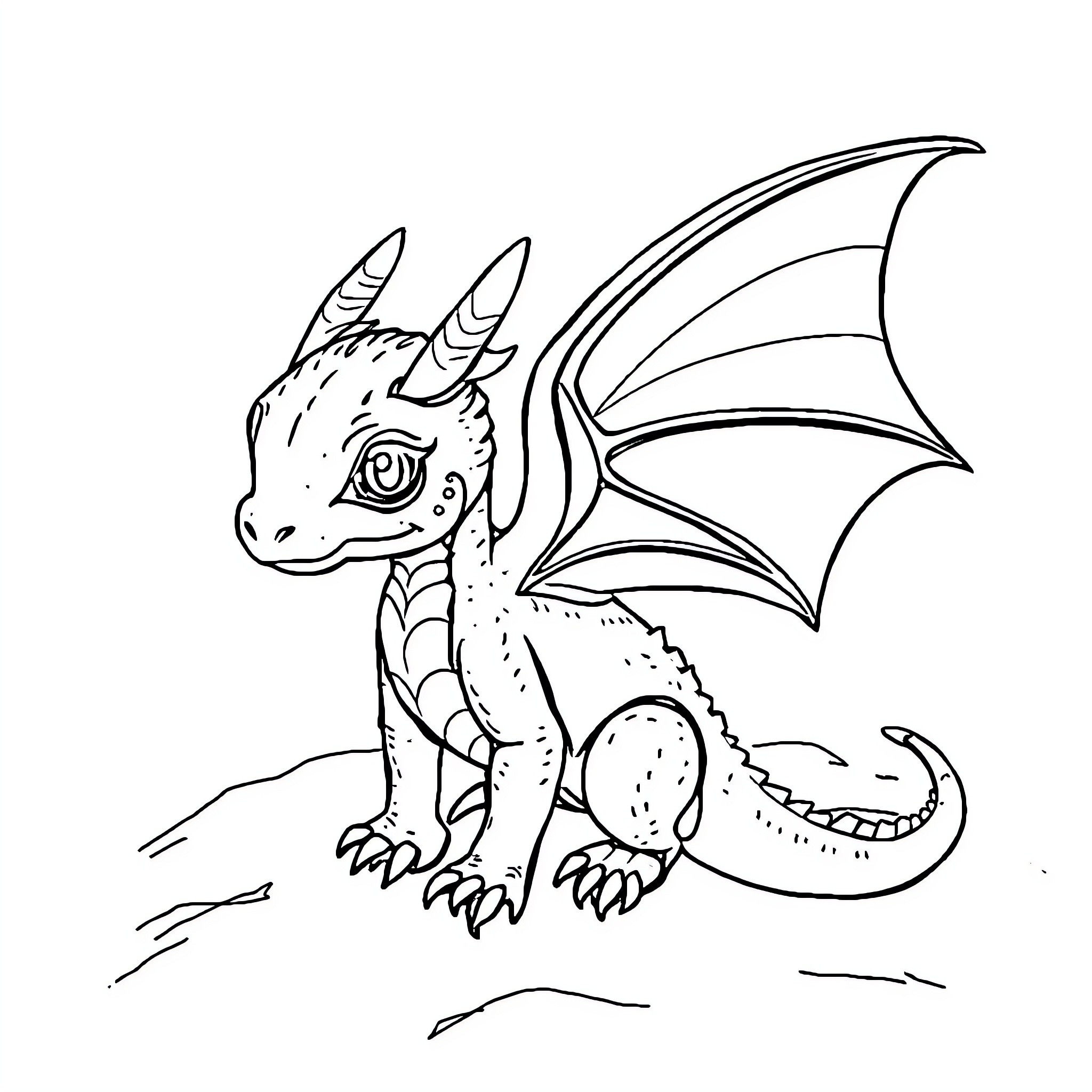 Dragon hatchling stretching wings in the wild Coloring Page (free black-and-white line drawing printable PDF for all, from beginners to advanced learners, including children, teens, adults, and seniors)