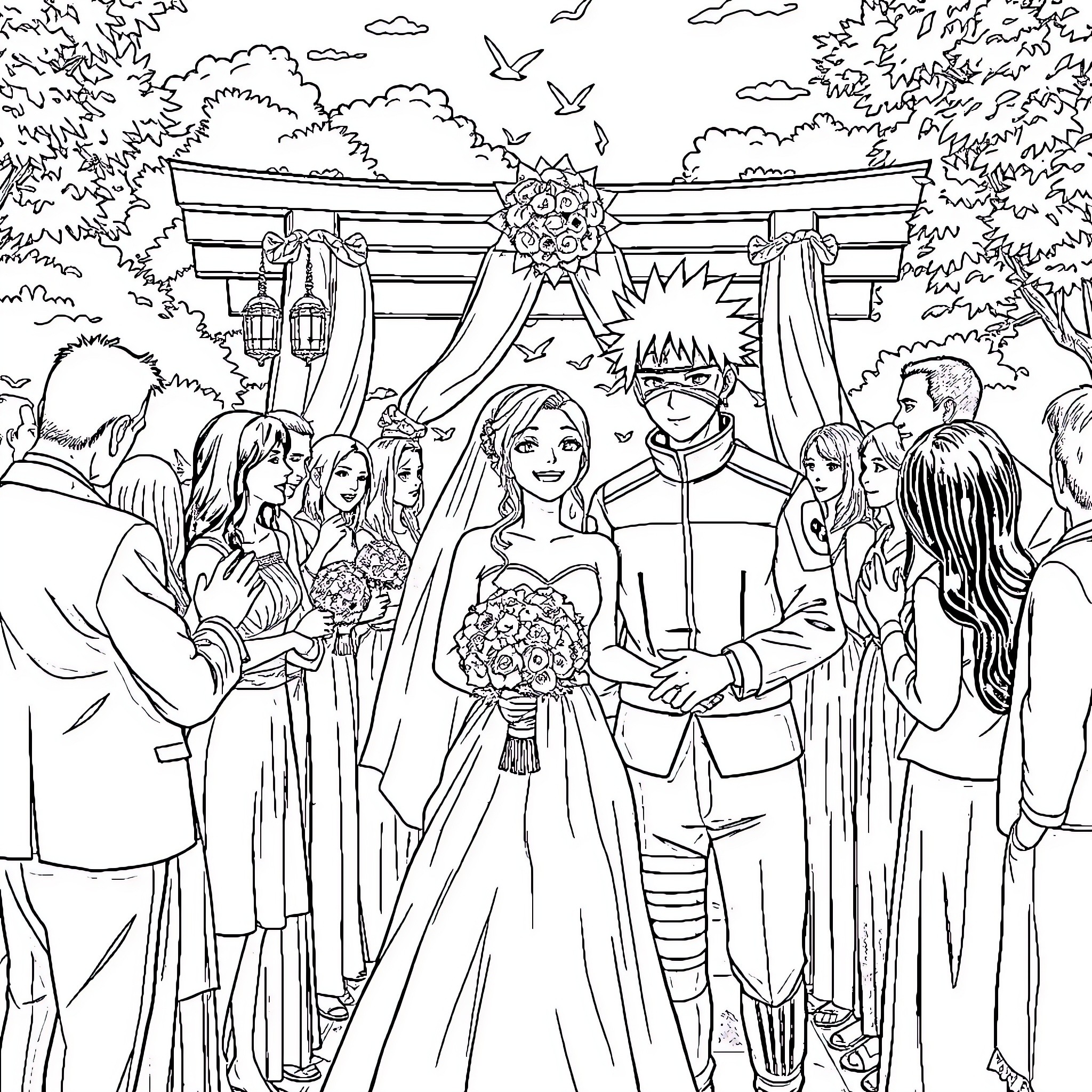 Iruka's Joyful Wedding Celebration Coloring Page (free black-and-white line drawing printable PDF for all, from beginners to advanced learners, including children, teens, adults, and seniors)