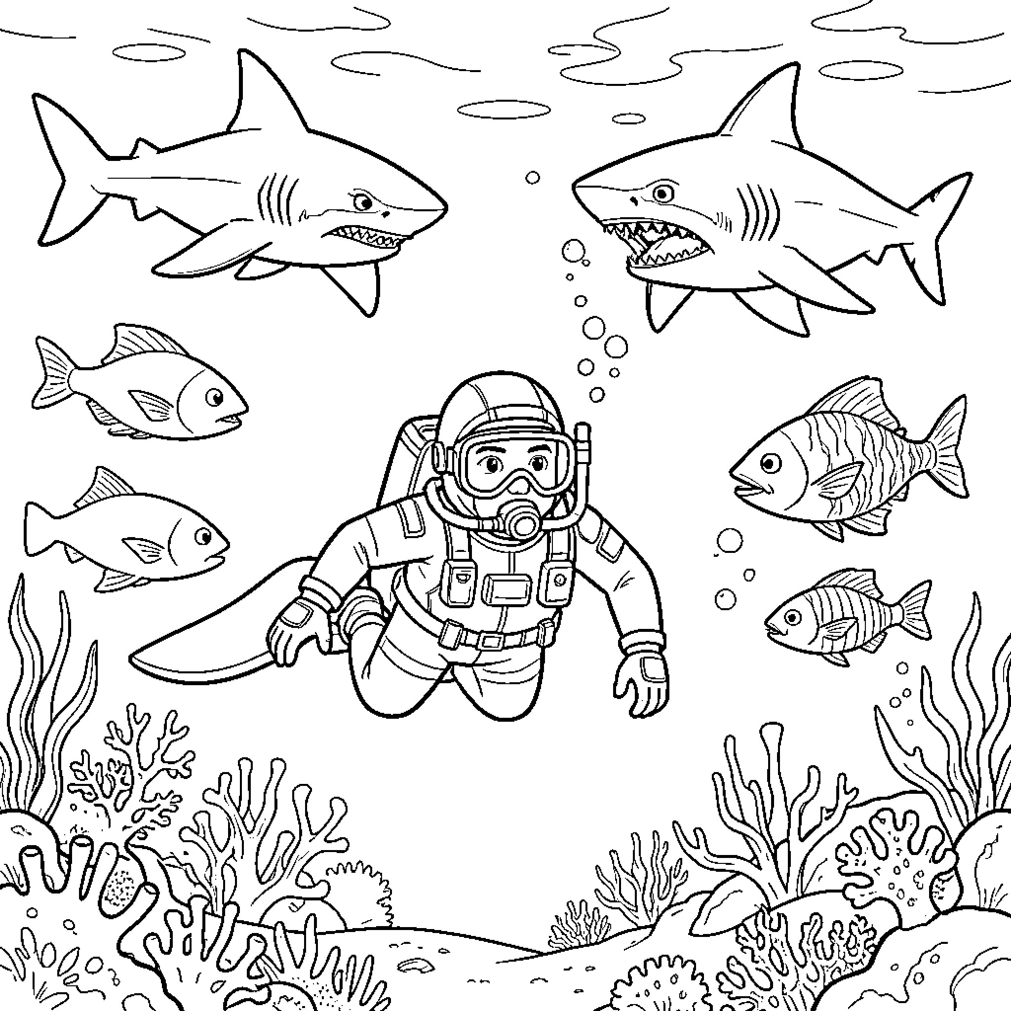 Plongeur swimming amongst sharks and tropical fish Coloring Page (free black-and-white line drawing printable PDF for all, from beginners to advanced learners, including children, teens, adults, and seniors)
