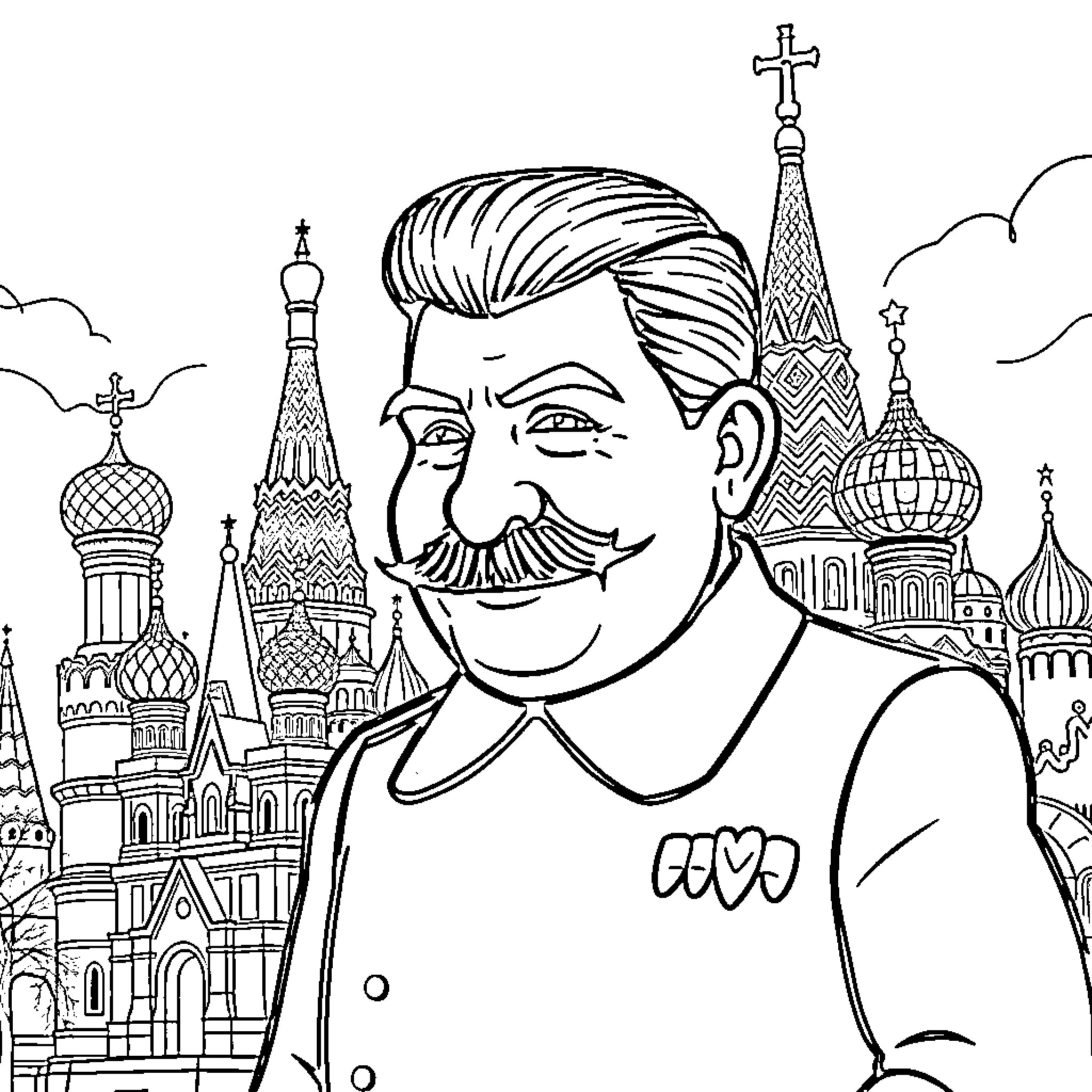 Stalin's Stern Gaze Amid Soviet Architectural Splendor Coloring Page (free black-and-white line drawing printable PDF for all, from beginners to advanced learners, including children, teens, adults, and seniors)