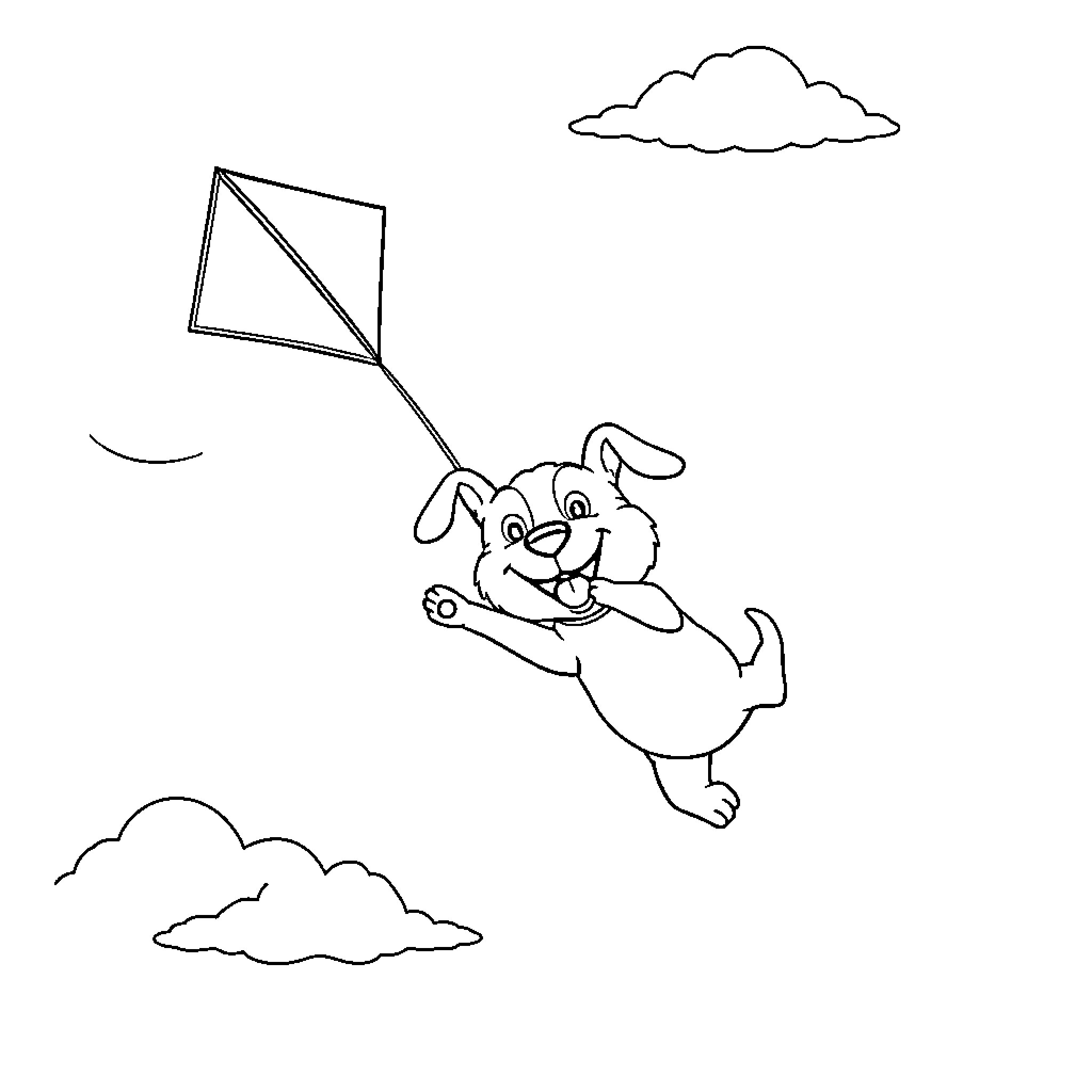 Dog flying a kite in the sky Coloring Page (free black-and-white line drawing printable PDF for all, from beginners to advanced learners, including children, teens, adults, and seniors)