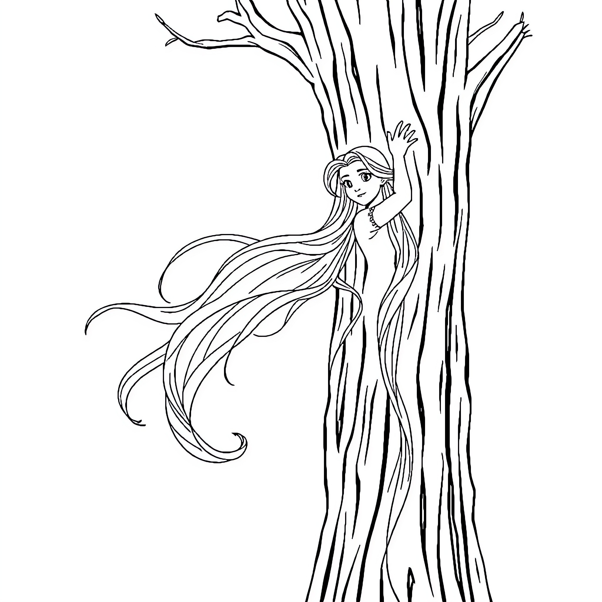 Rapunzel leaning against a tree with flowing hair Coloring Page (free black-and-white line drawing printable PDF for all, from beginners to advanced learners, including children, teens, adults, and seniors)