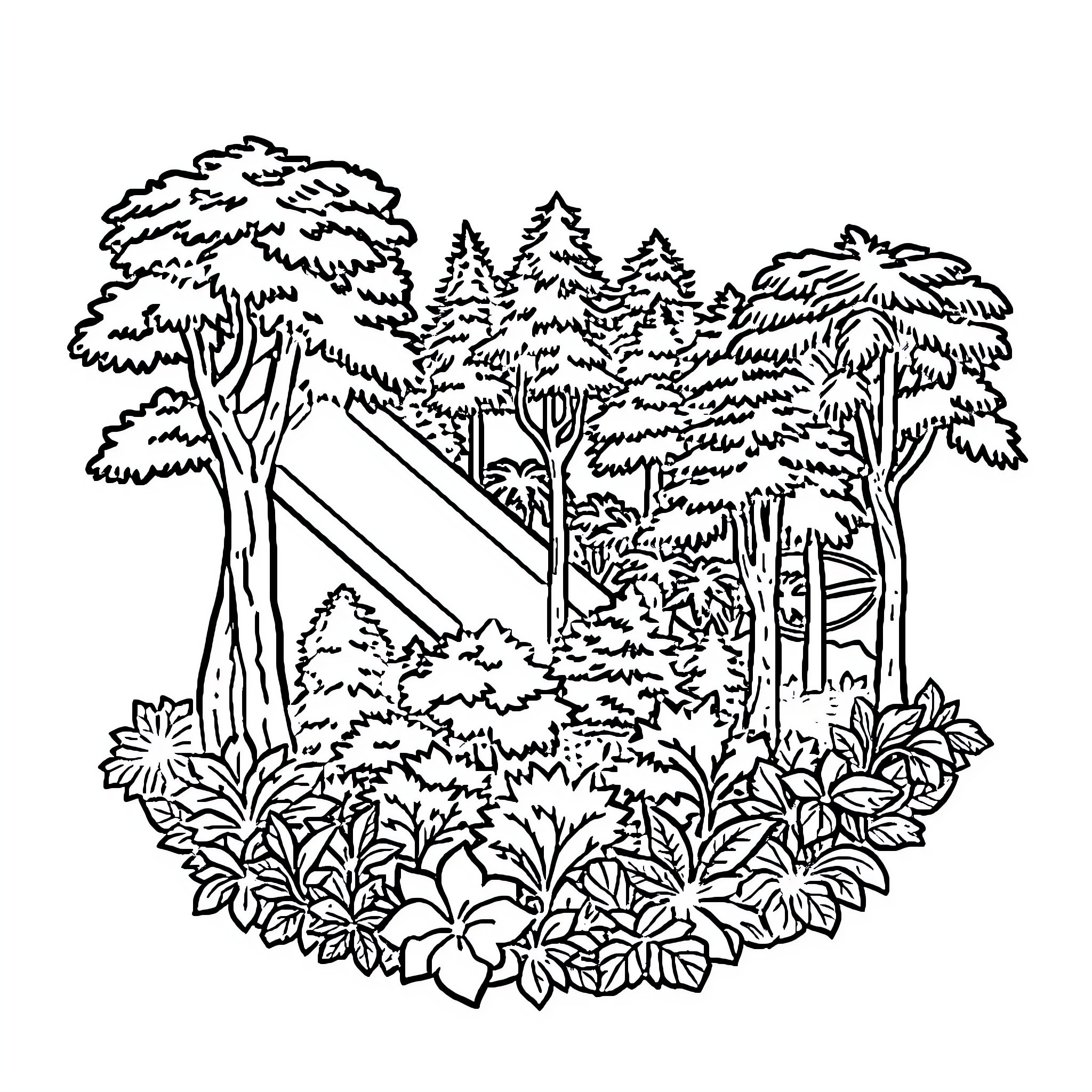 Forestry - Serene Forest Scene with Tent Coloring Page (free black-and-white line drawing printable PDF for all, from beginners to advanced learners, including children, teens, adults, and seniors)