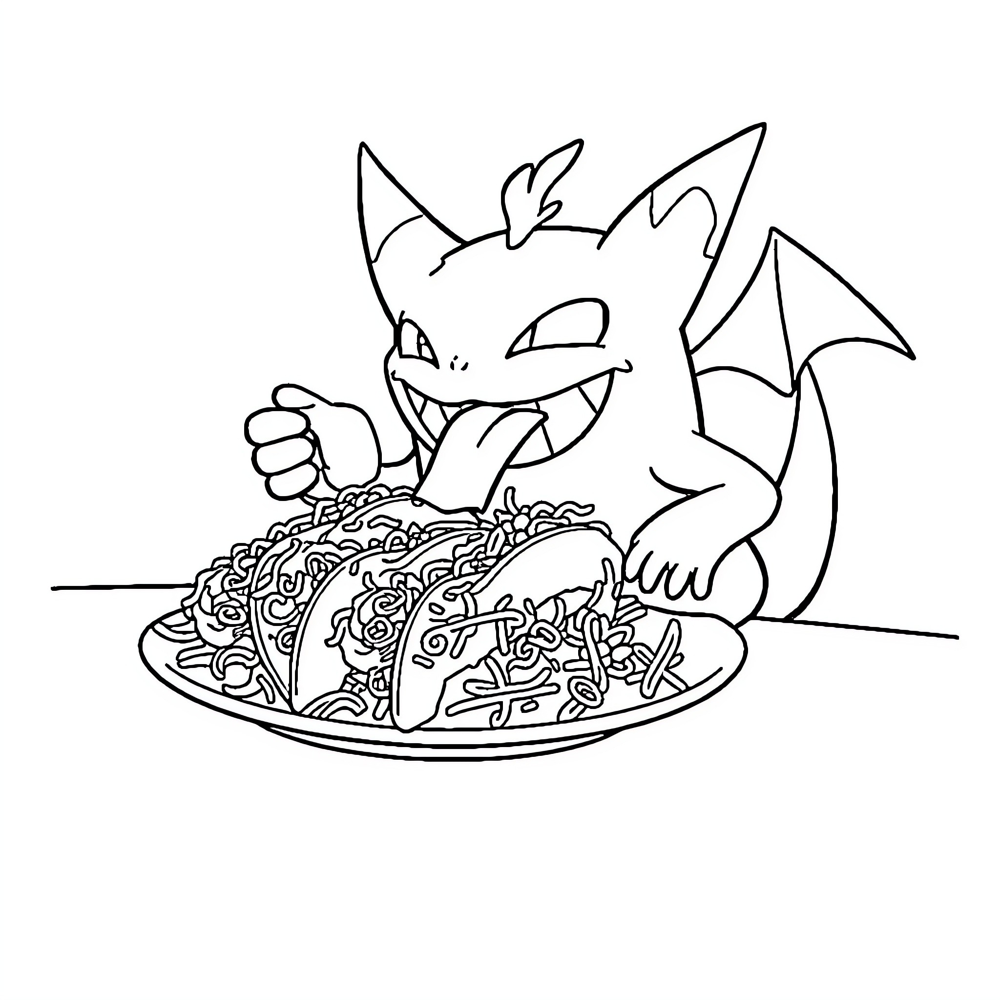 Gengar enjoying a delightful meal Coloring Page (free black-and-white line drawing printable PDF for all, from beginners to advanced learners, including children, teens, adults, and seniors)