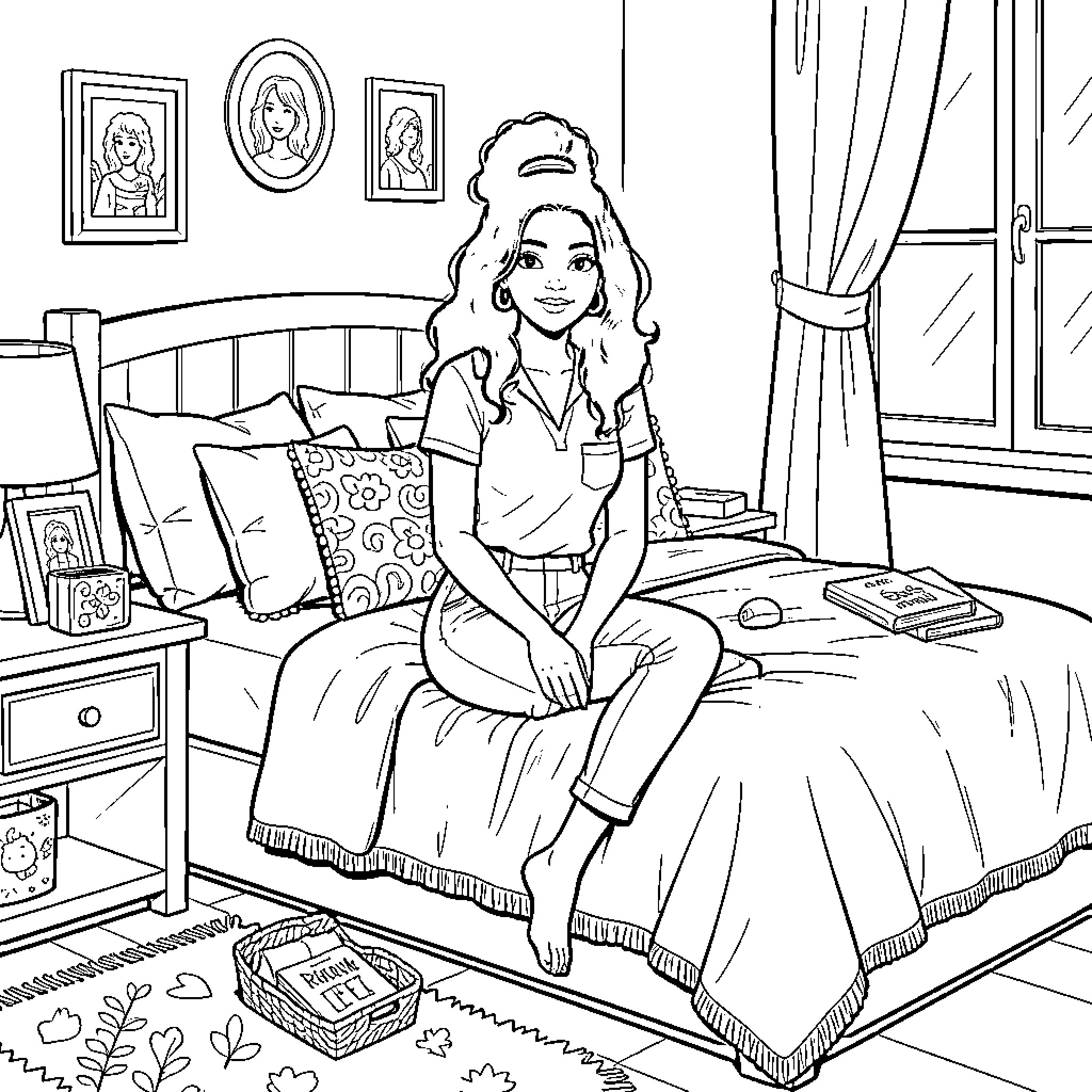 Kiara Paris sitting peacefully on a cozy bed Coloring Page (free black-and-white line drawing printable PDF for all, from beginners to advanced learners, including children, teens, adults, and seniors)