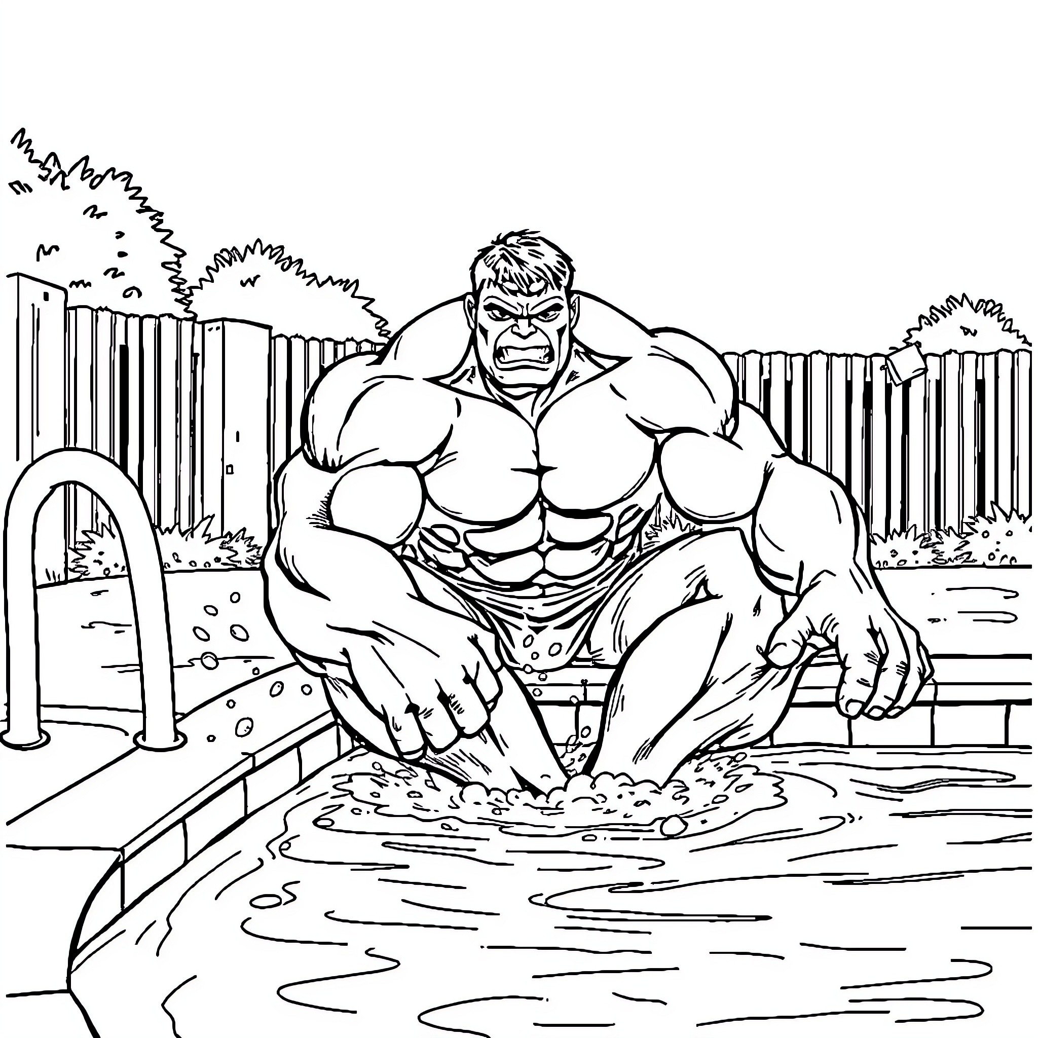 Hulk emerging from the water in a powerful pose Coloring Page (free black-and-white line drawing printable PDF for all, from beginners to advanced learners, including children, teens, adults, and seniors)