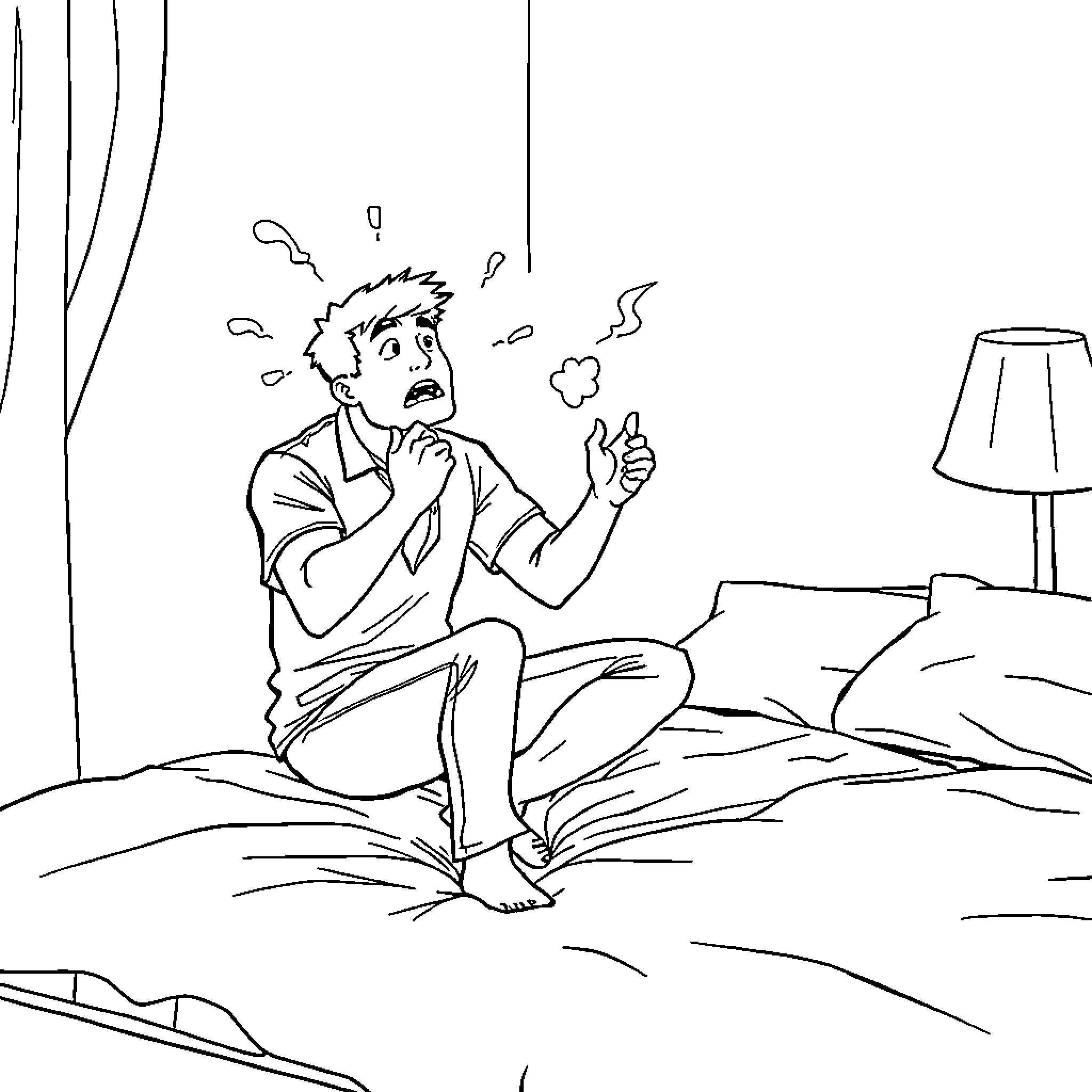 Rogelio's Nighttime Struggles Coloring Page (free black-and-white line drawing printable PDF for all, from beginners to advanced learners, including children, teens, adults, and seniors)