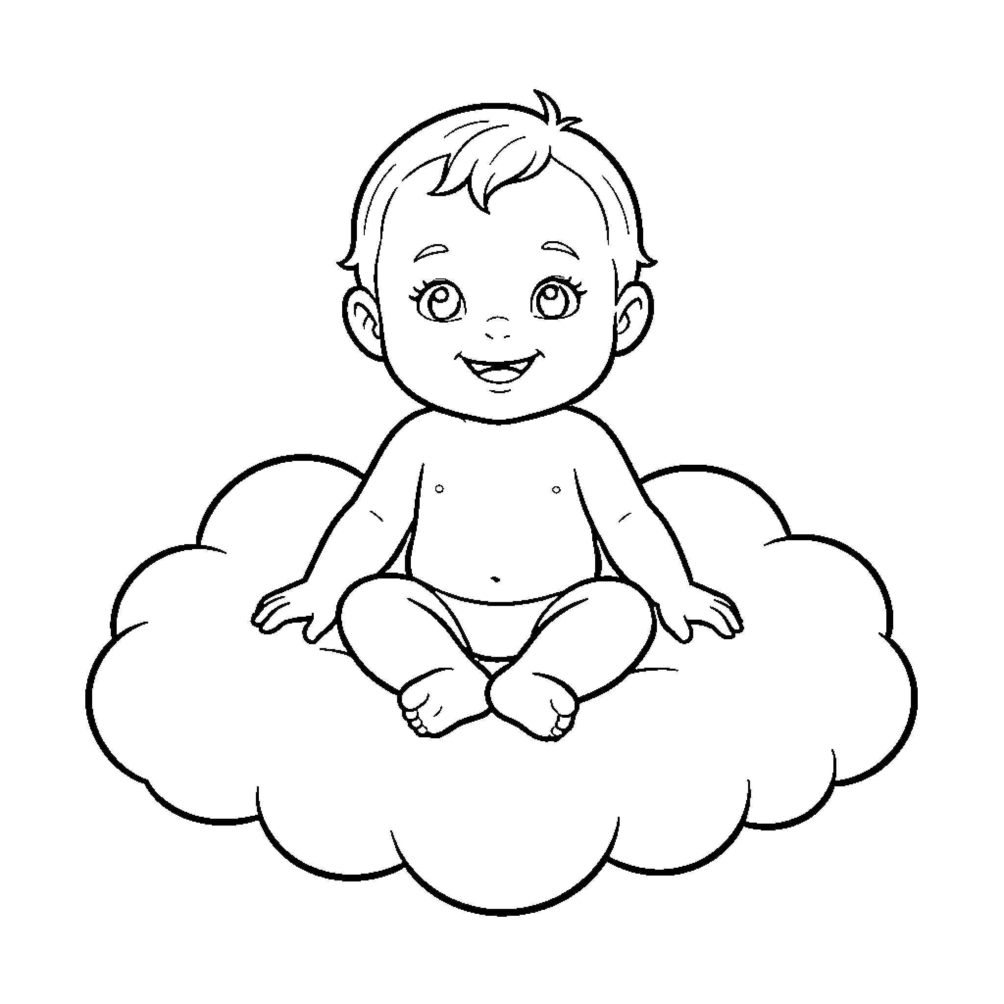 Bebe sitting on a cloud with a happy expression Coloring Page (free black-and-white line drawing printable PDF for all, from beginners to advanced learners, including children, teens, adults, and seniors)