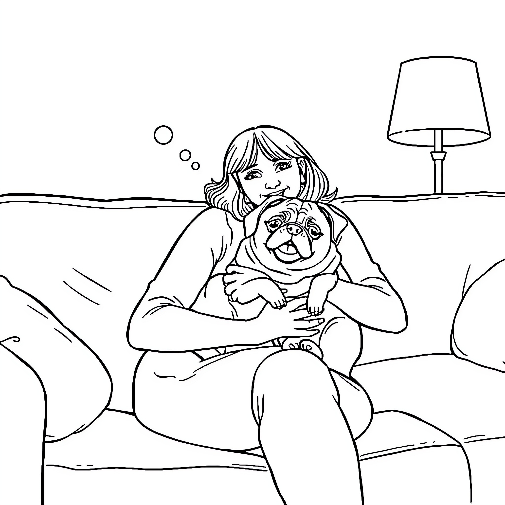 Woman relaxing on couch with pet Coloring Page (free black-and-white line drawing printable PDF for all, from beginners to advanced learners, including children, teens, adults, and seniors)
