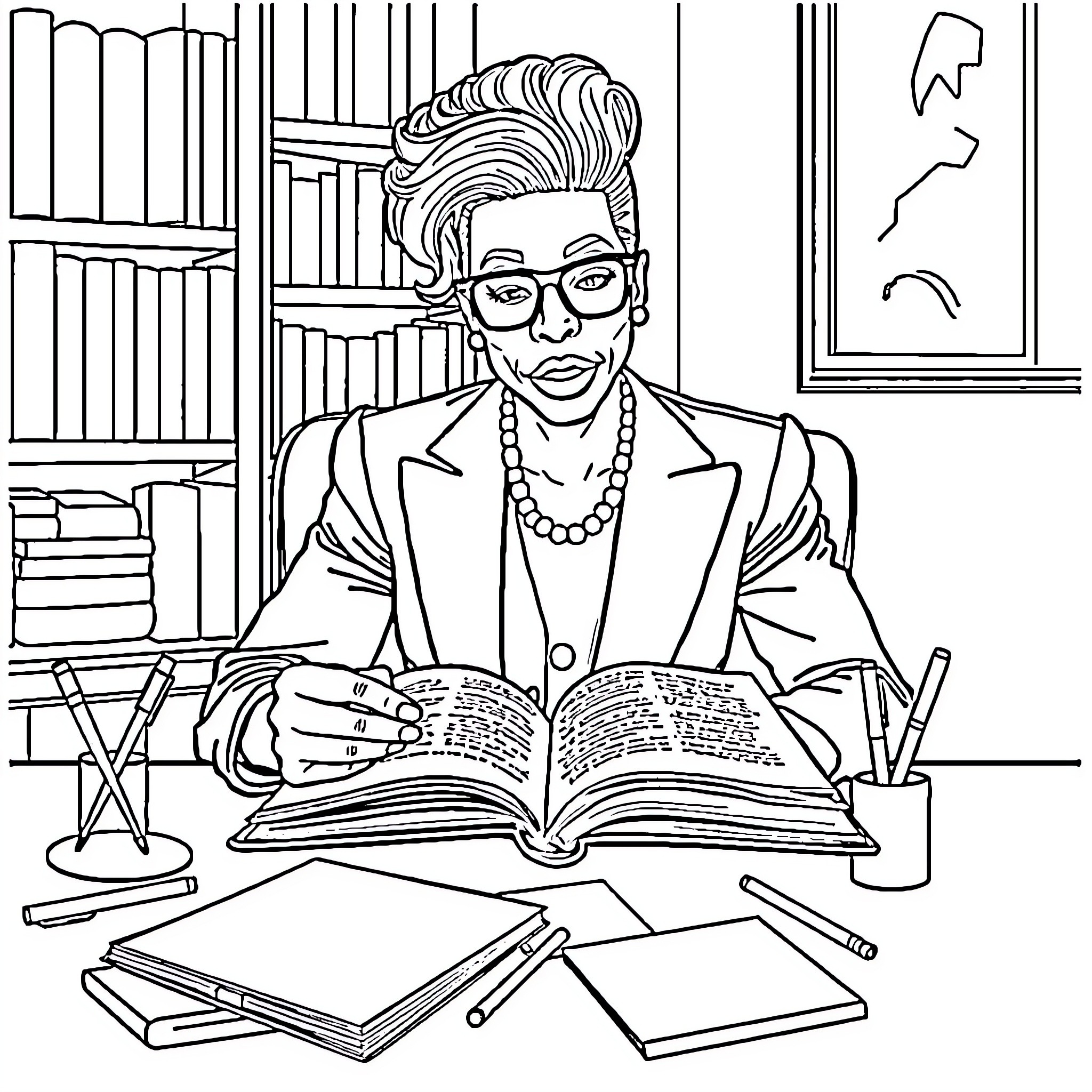RuPaul in a Study Reading a Book Coloring Page (free black-and-white line drawing printable PDF for all, from beginners to advanced learners, including children, teens, adults, and seniors)