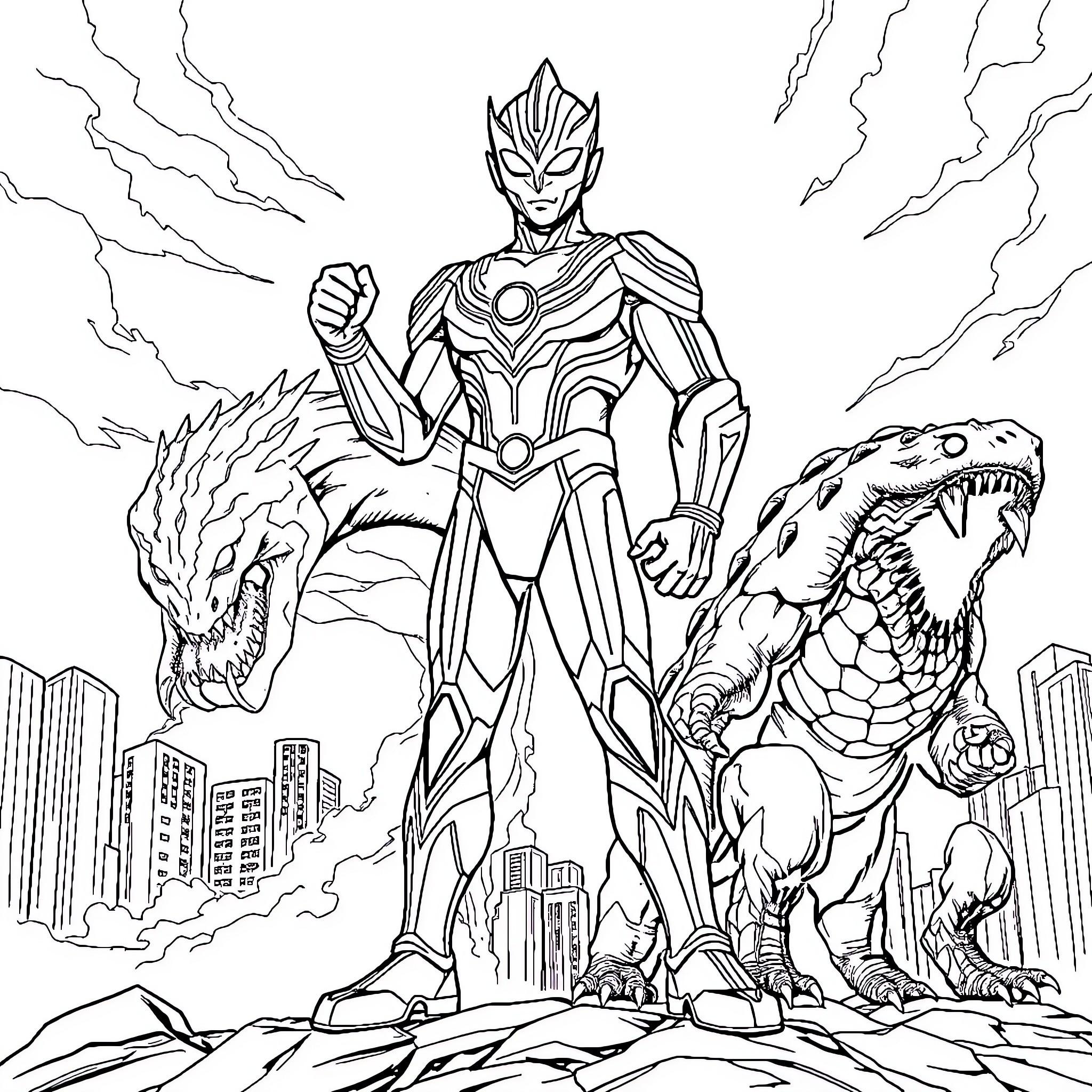 Ultraman battling giant monsters in the city Coloring Page (free black-and-white line drawing printable PDF for all, from beginners to advanced learners, including children, teens, adults, and seniors)