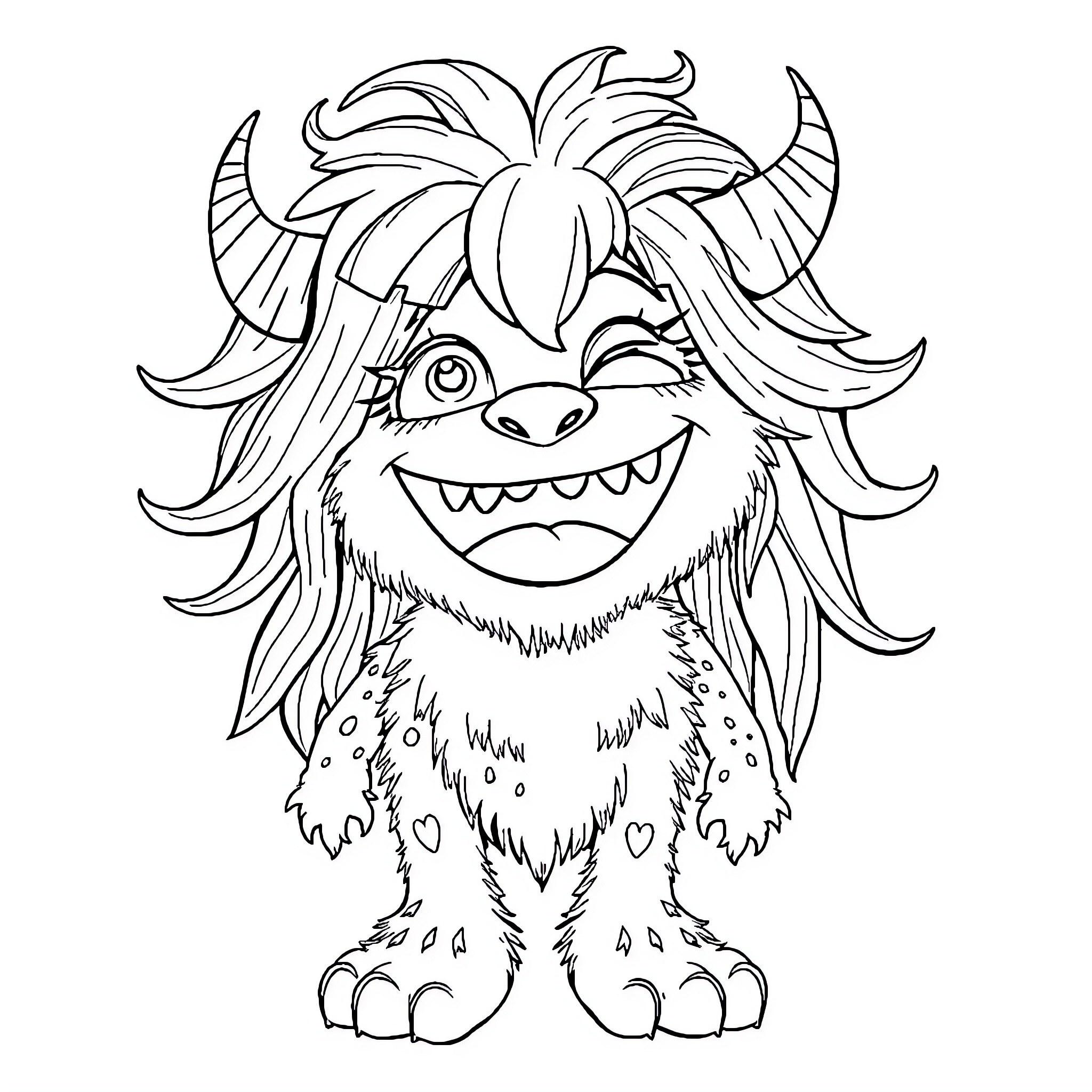 Hairionette's Happy Hairy Havoc Coloring Page (free black-and-white line drawing printable PDF for all, from beginners to advanced learners, including children, teens, adults, and seniors)