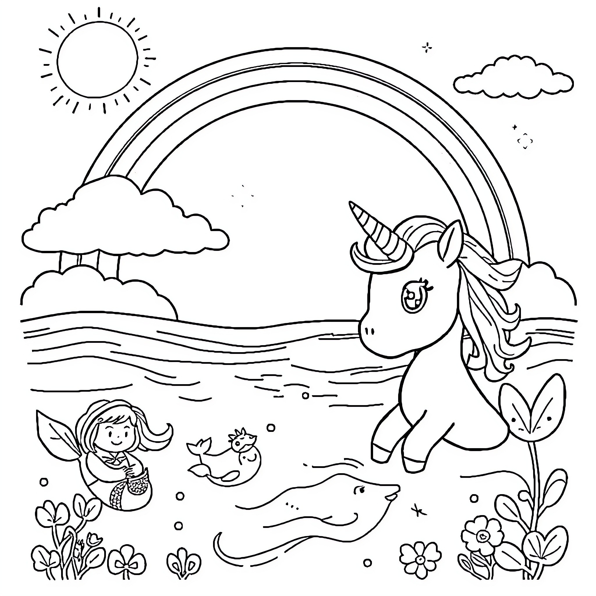Unicorn frolicking in a magical landscape Coloring Page (free black-and-white line drawing printable PDF for all, from beginners to advanced learners, including children, teens, adults, and seniors)