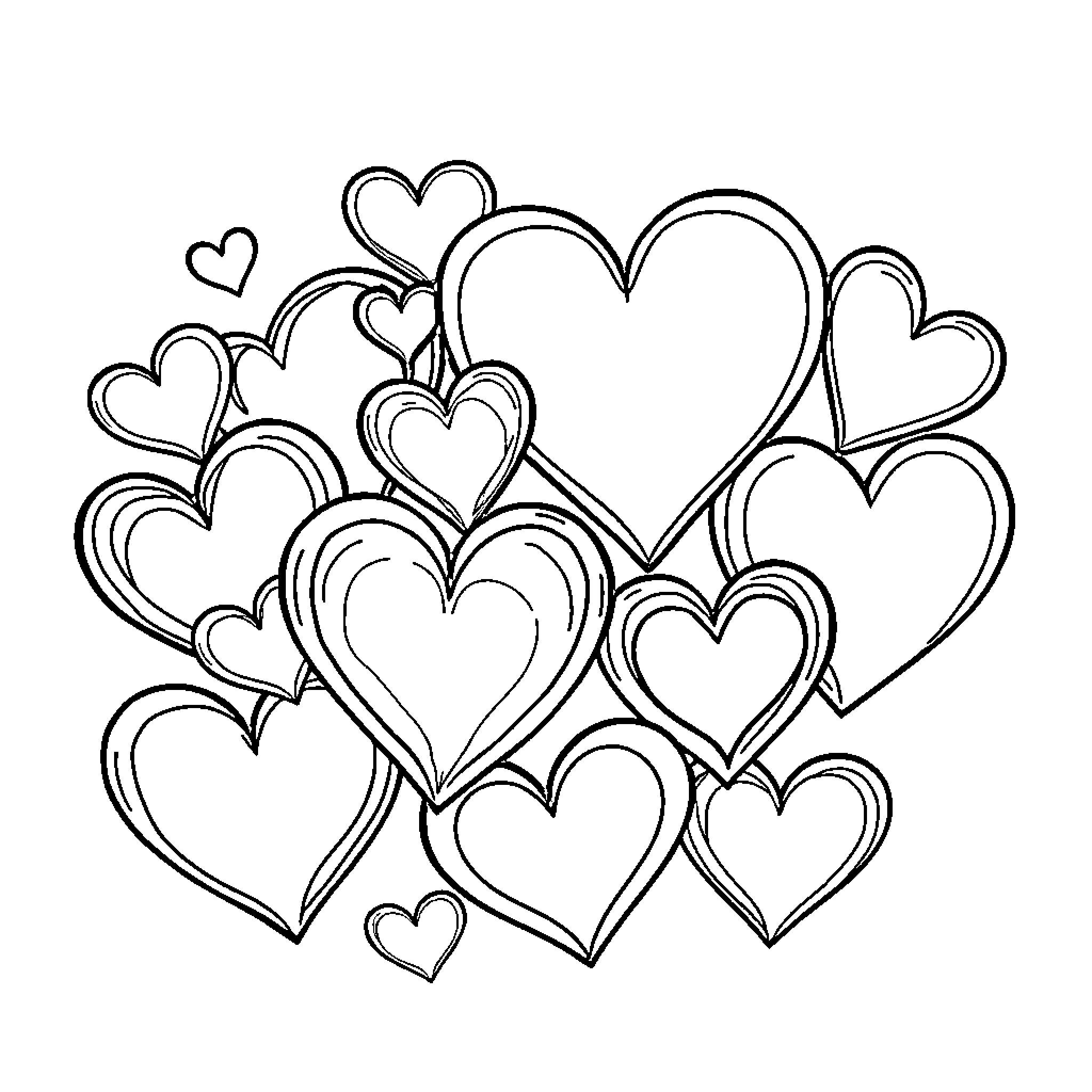 Heart-shaped Patterns in Black and White Coloring Page (free black-and-white line drawing printable PDF for all, from beginners to advanced learners, including children, teens, adults, and seniors)