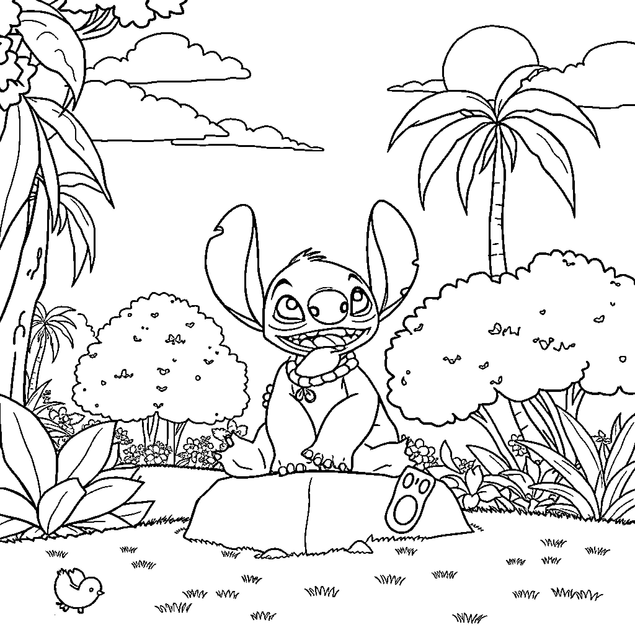 Lilo And Stitch Playing in a Tropical Landscape Coloring Page (free black-and-white line drawing printable PDF for all, from beginners to advanced learners, including children, teens, adults, and seniors)